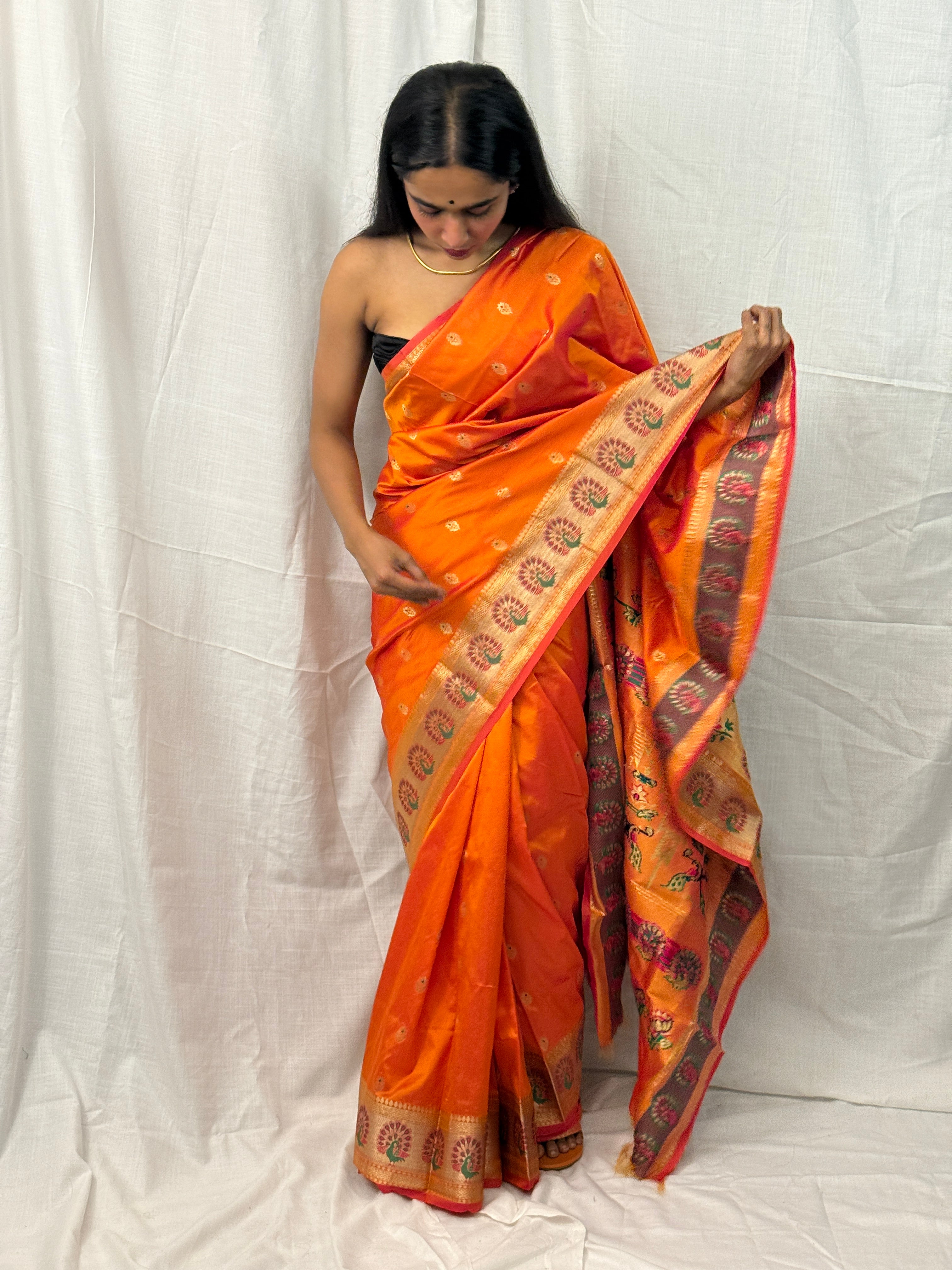 Orange, Green and Pink Silk Sari with Buttis