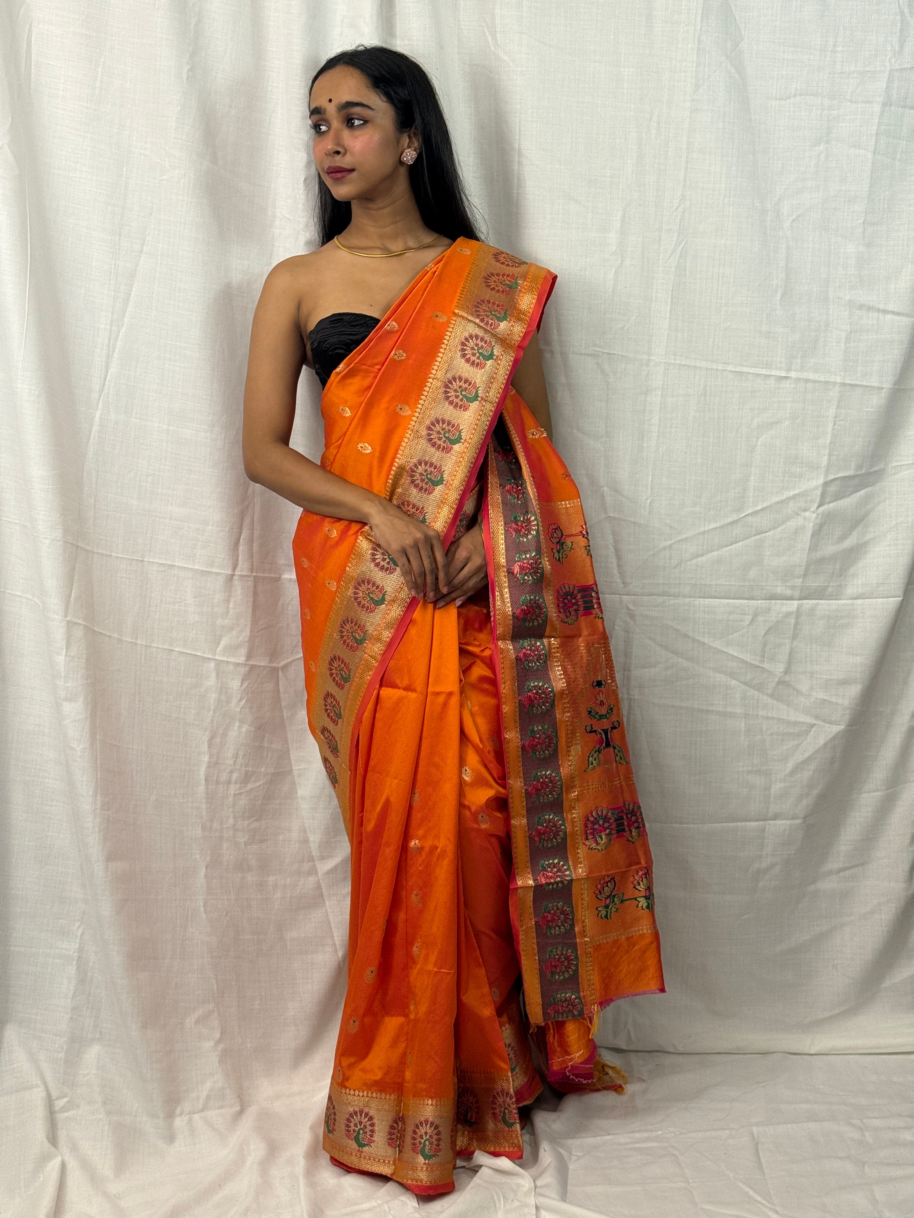 Orange, Green and Pink Silk Sari with Buttis