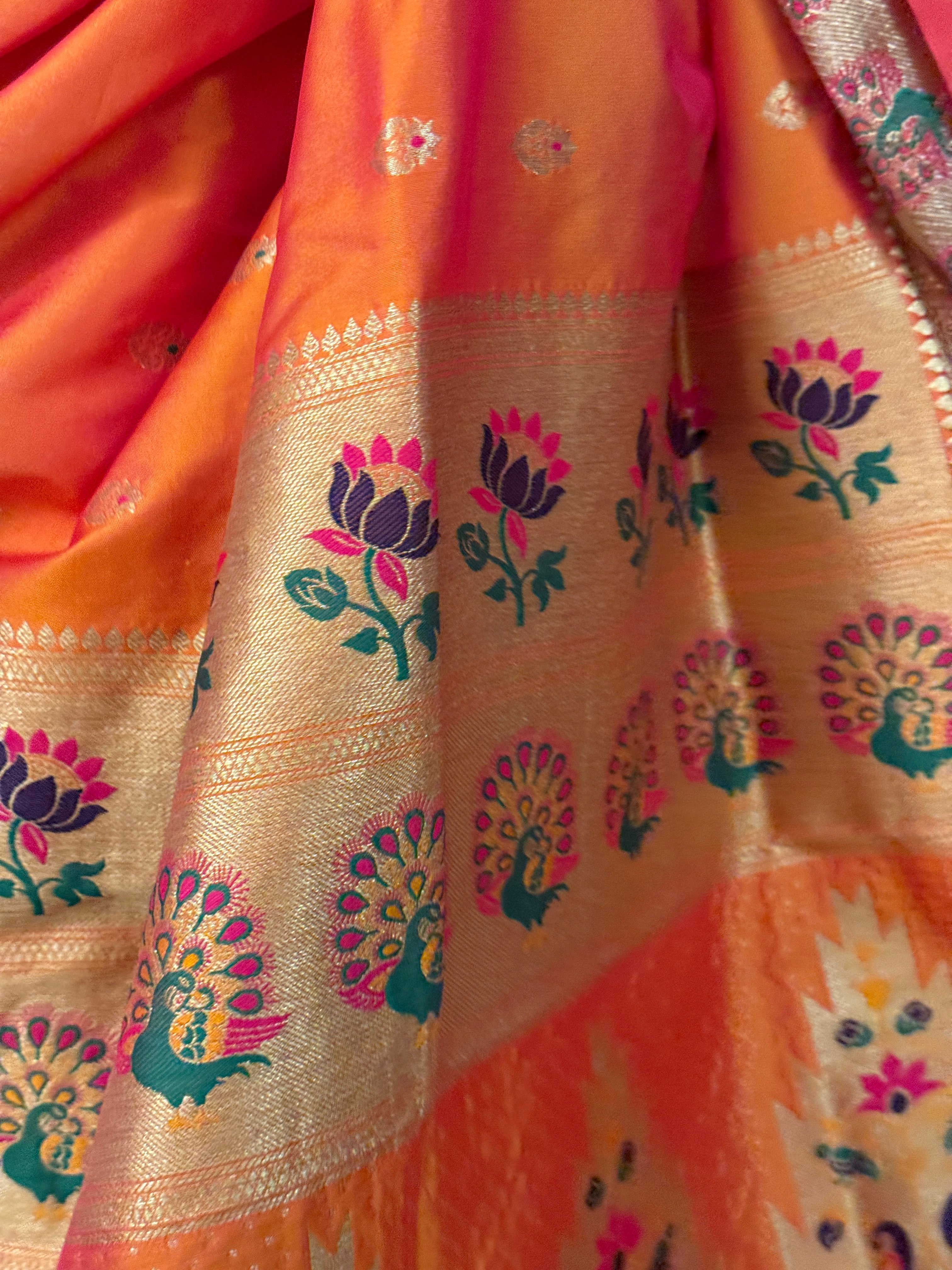 Orange, Green and Pink Silk Sari with Buttis
