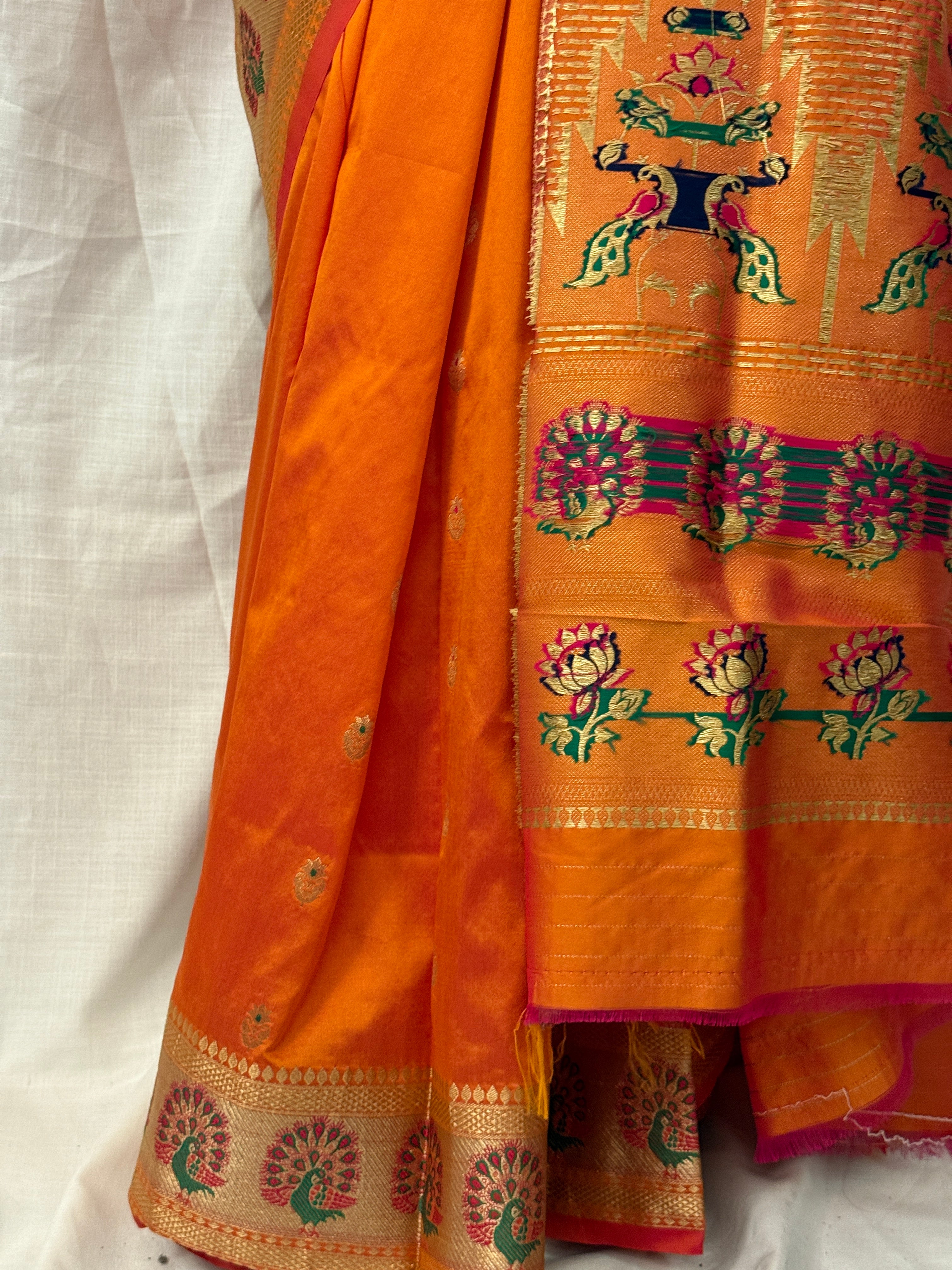 Orange, Green and Pink Silk Sari with Buttis