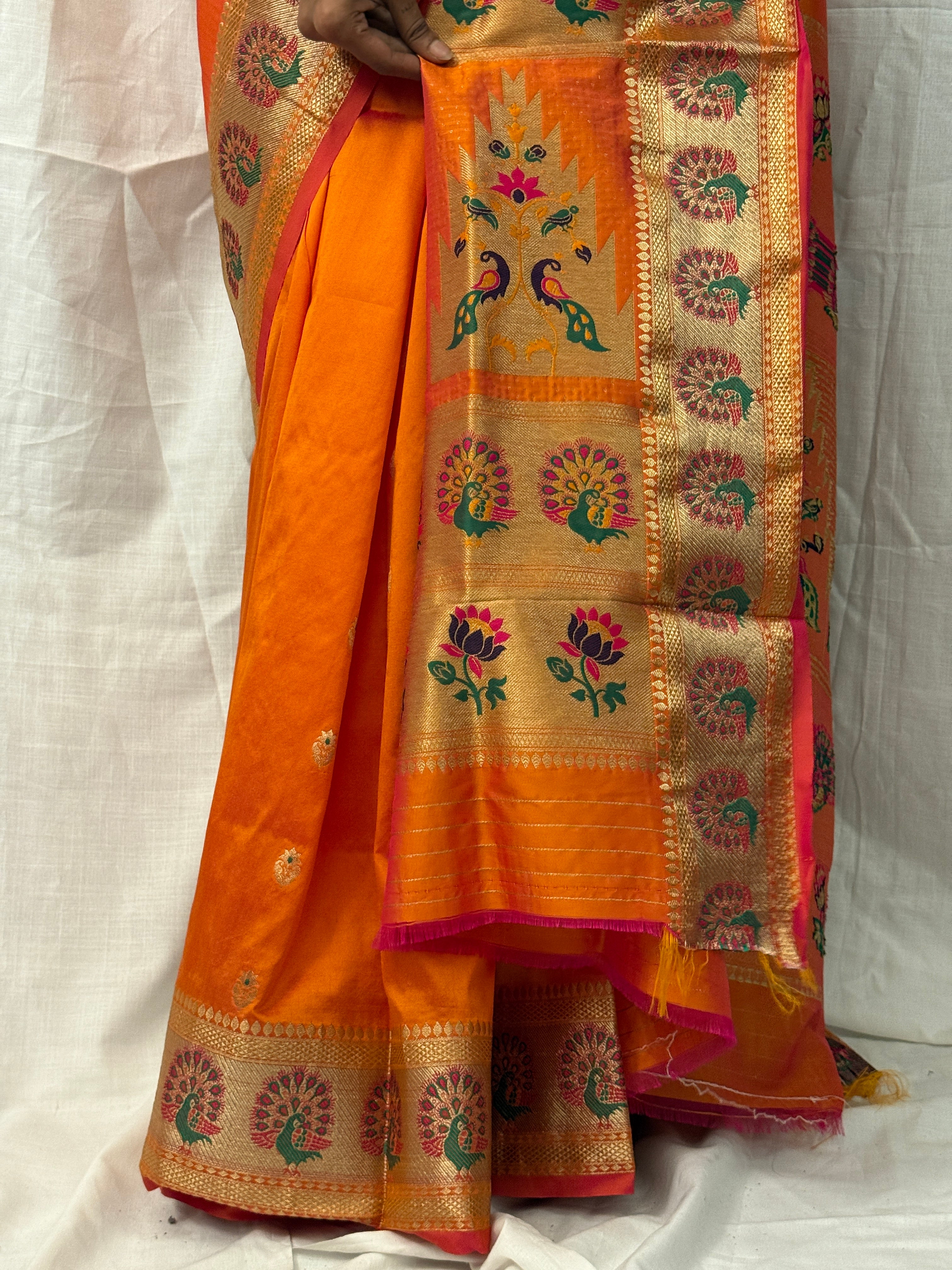 Orange, Green and Pink Silk Sari with Buttis