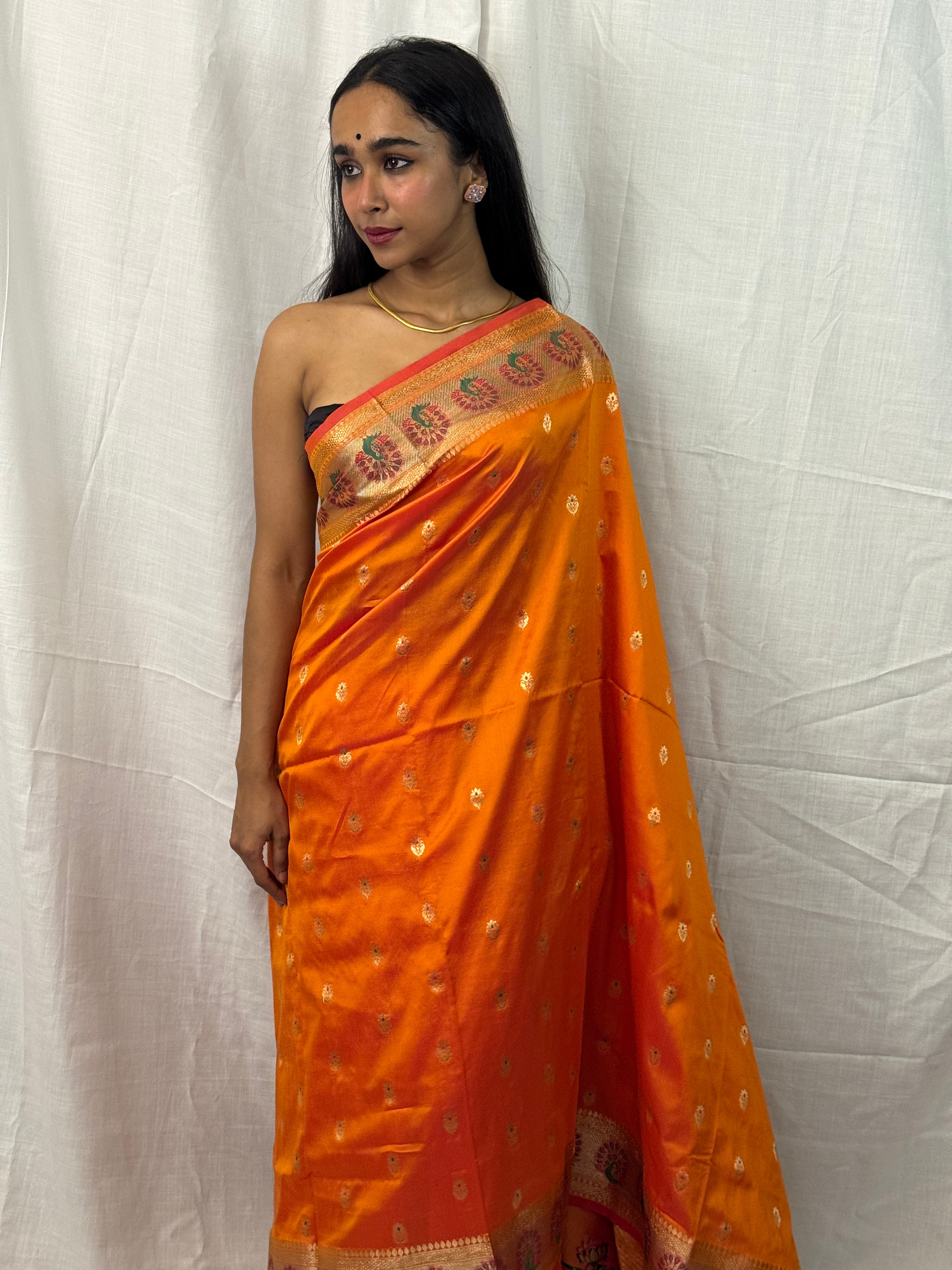 Orange, Green and Pink Silk Sari with Buttis