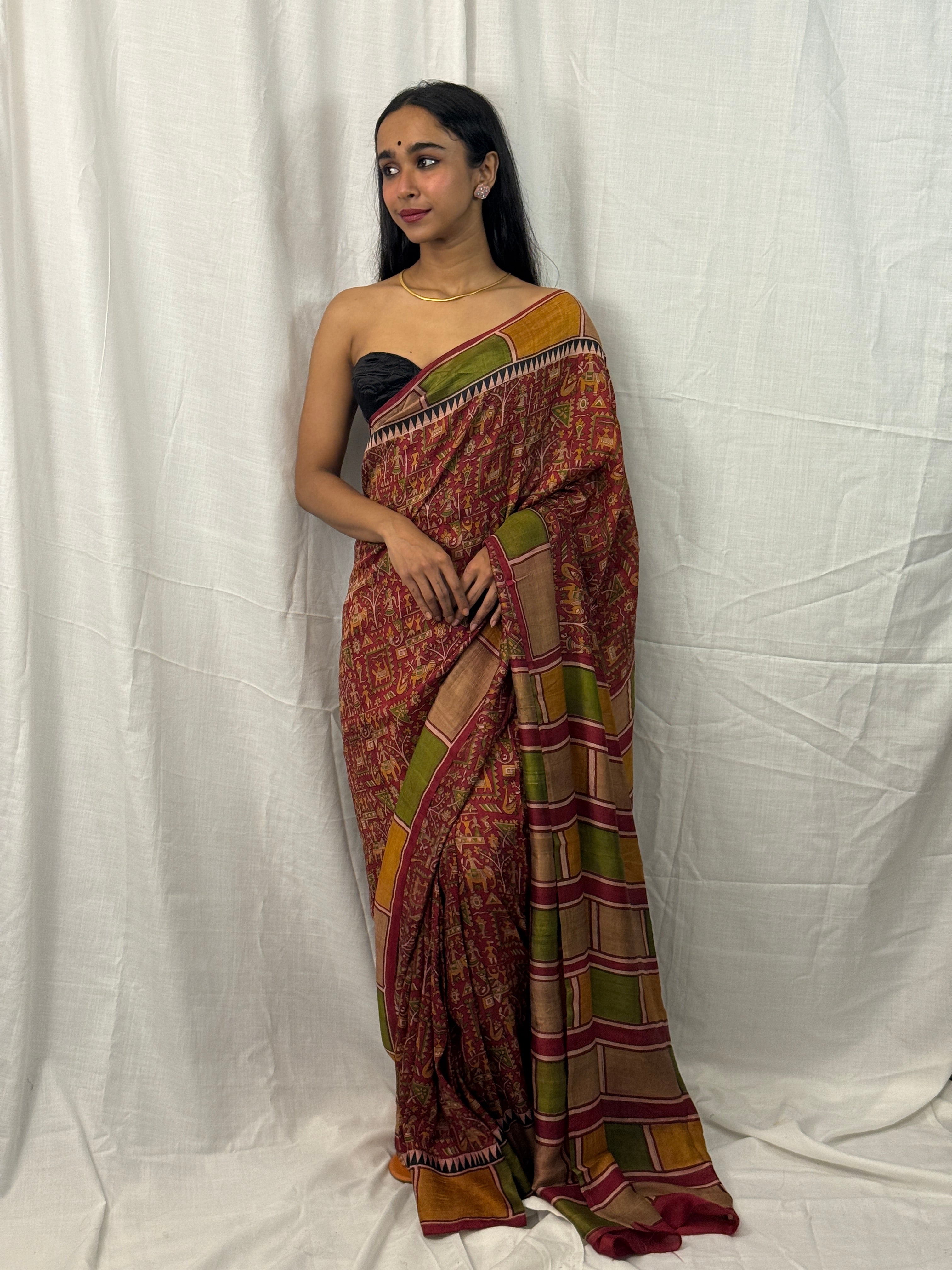 Maroon, Green and Yellow Printed Silk Sari