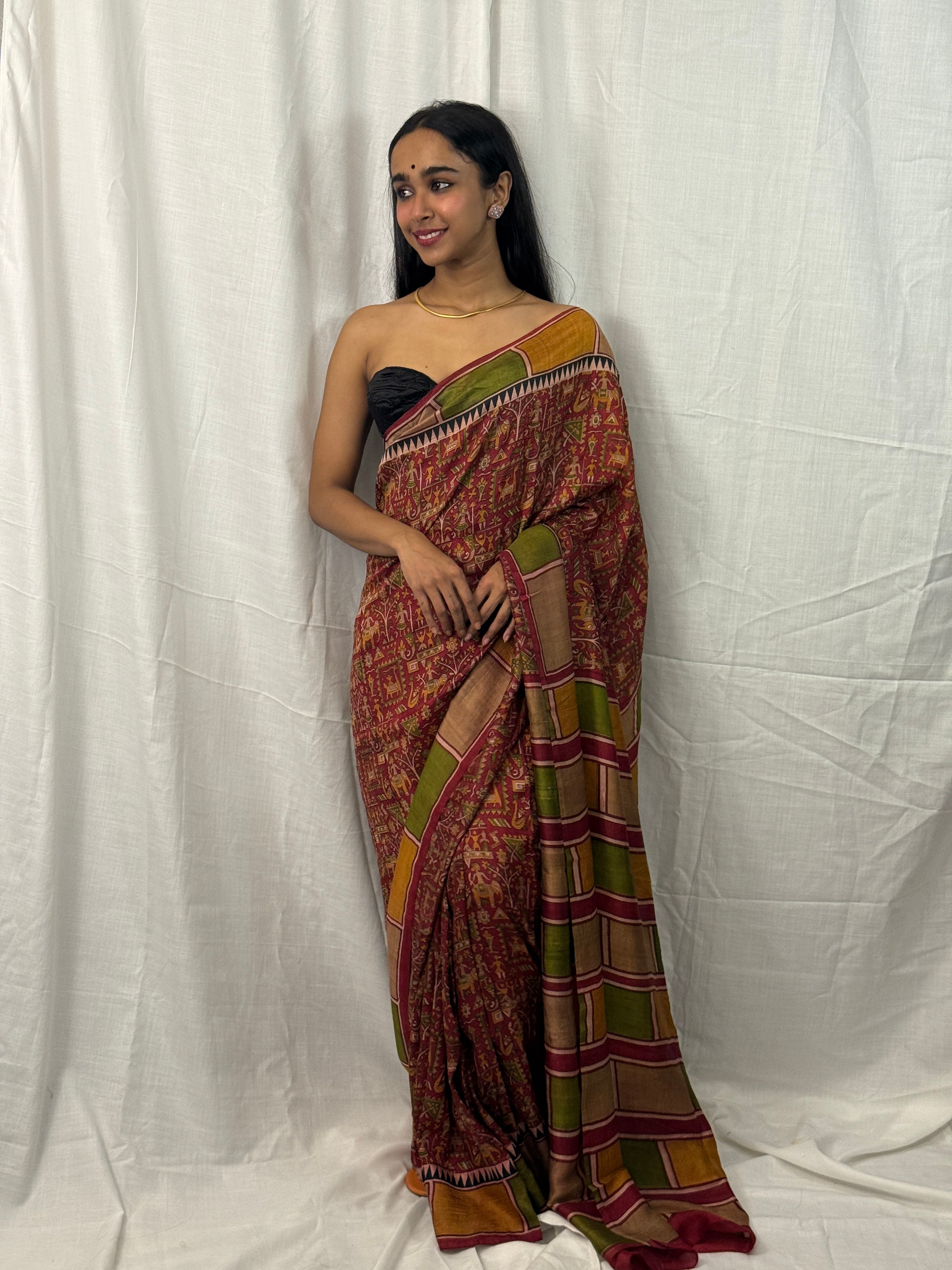 Maroon, Green and Yellow Printed Silk Sari