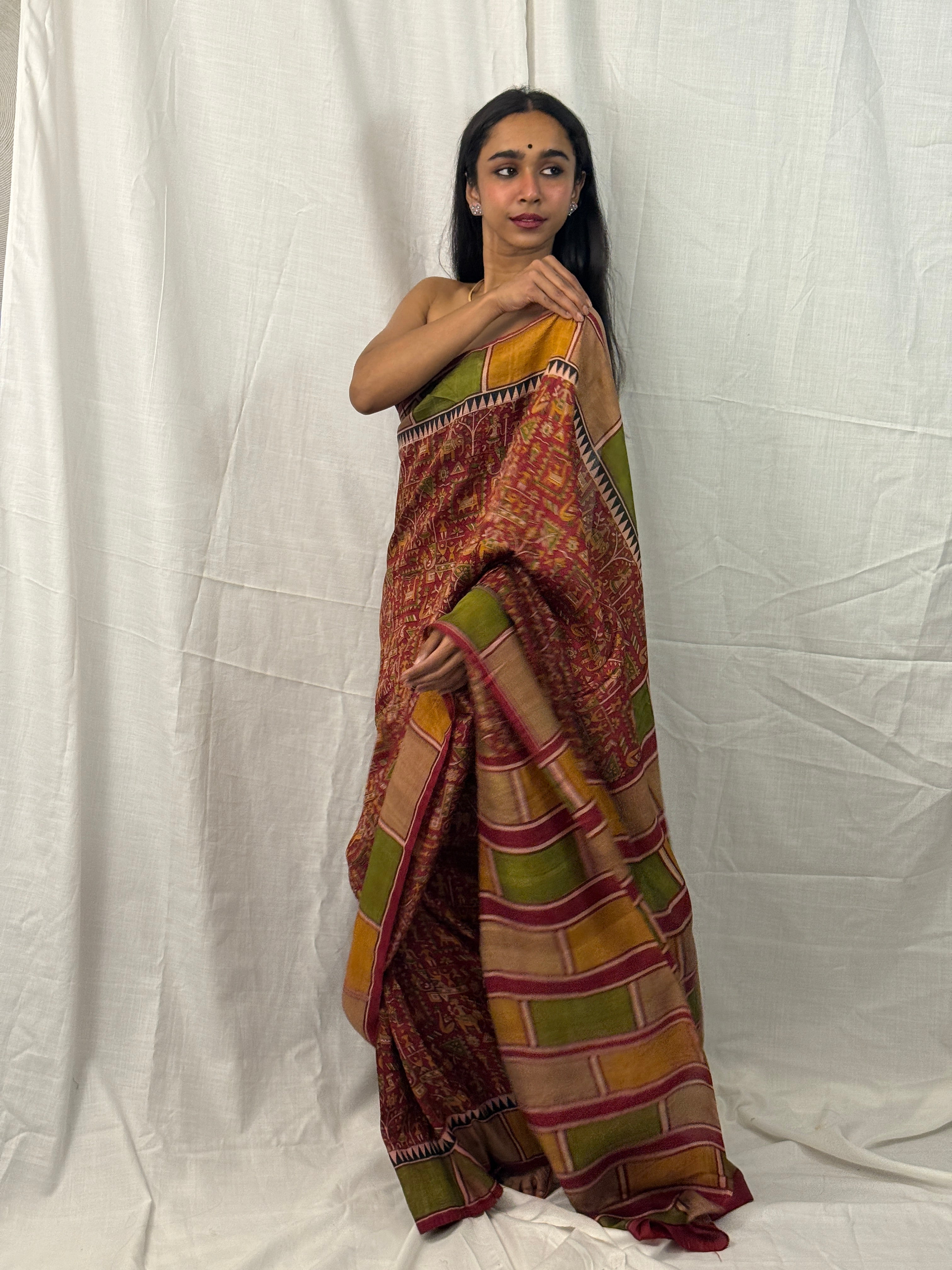 Maroon, Green and Yellow Printed Silk Sari
