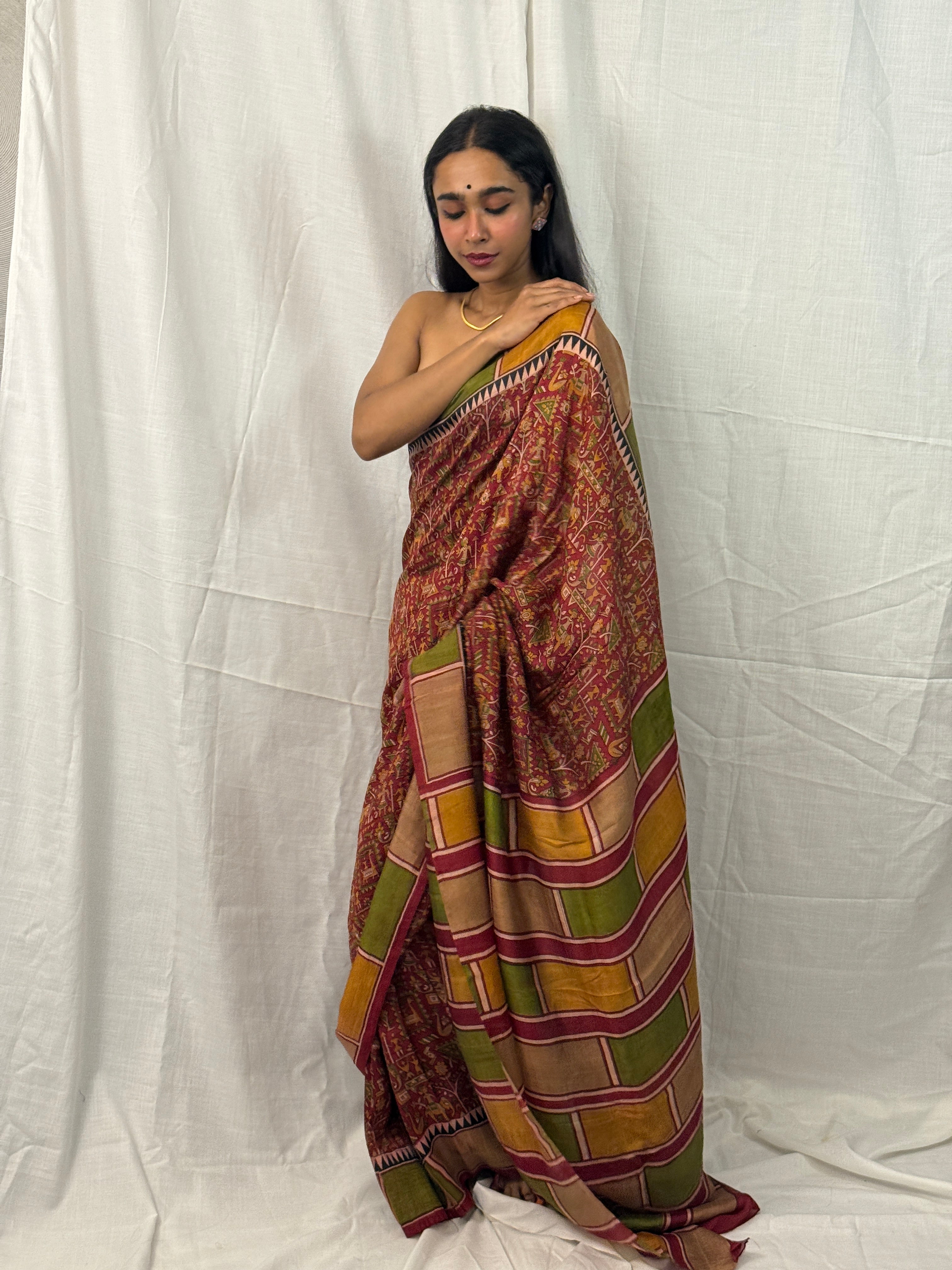 Maroon, Green and Yellow Printed Silk Sari