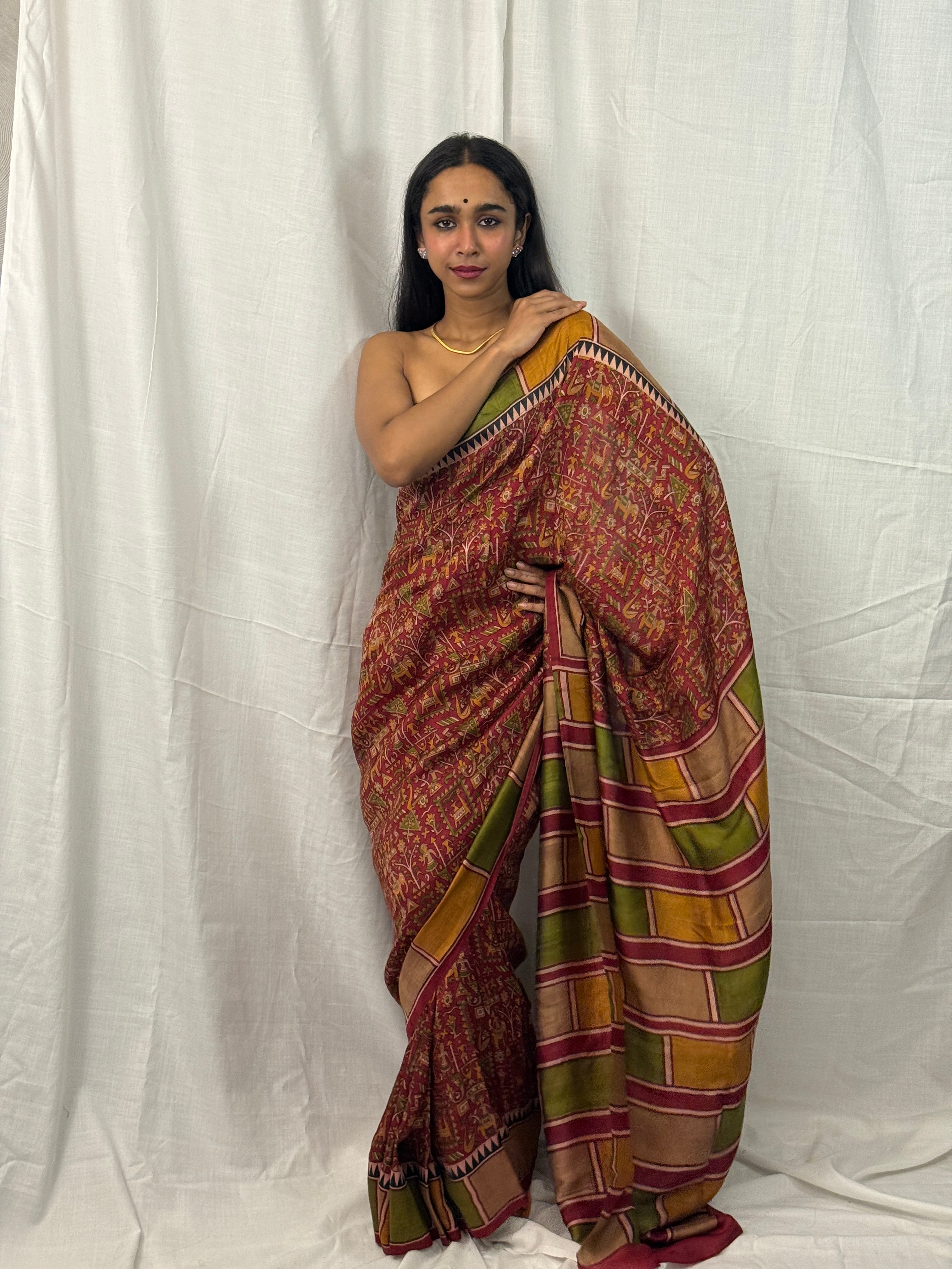 Maroon, Green and Yellow Printed Silk Sari