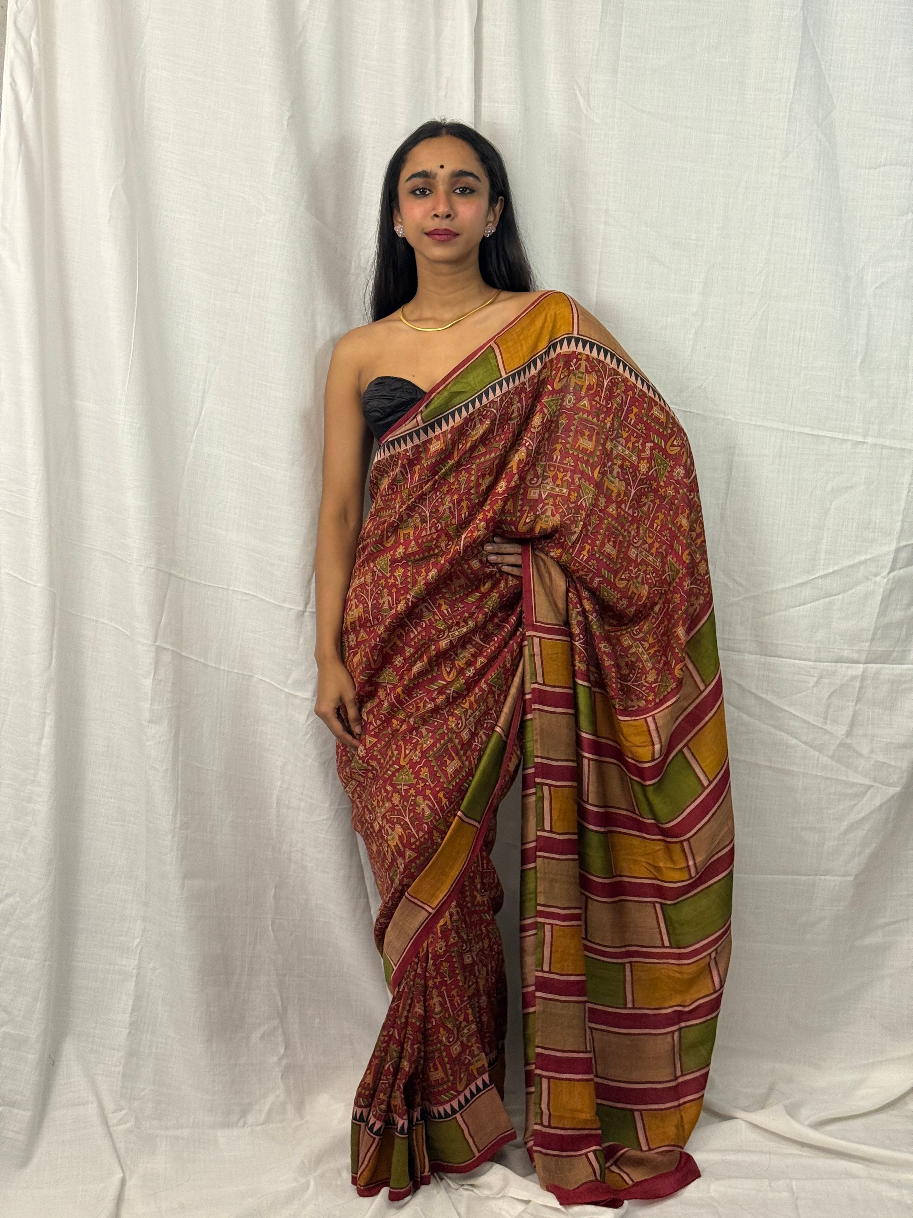 Maroon, Green and Yellow Printed Silk Sari
