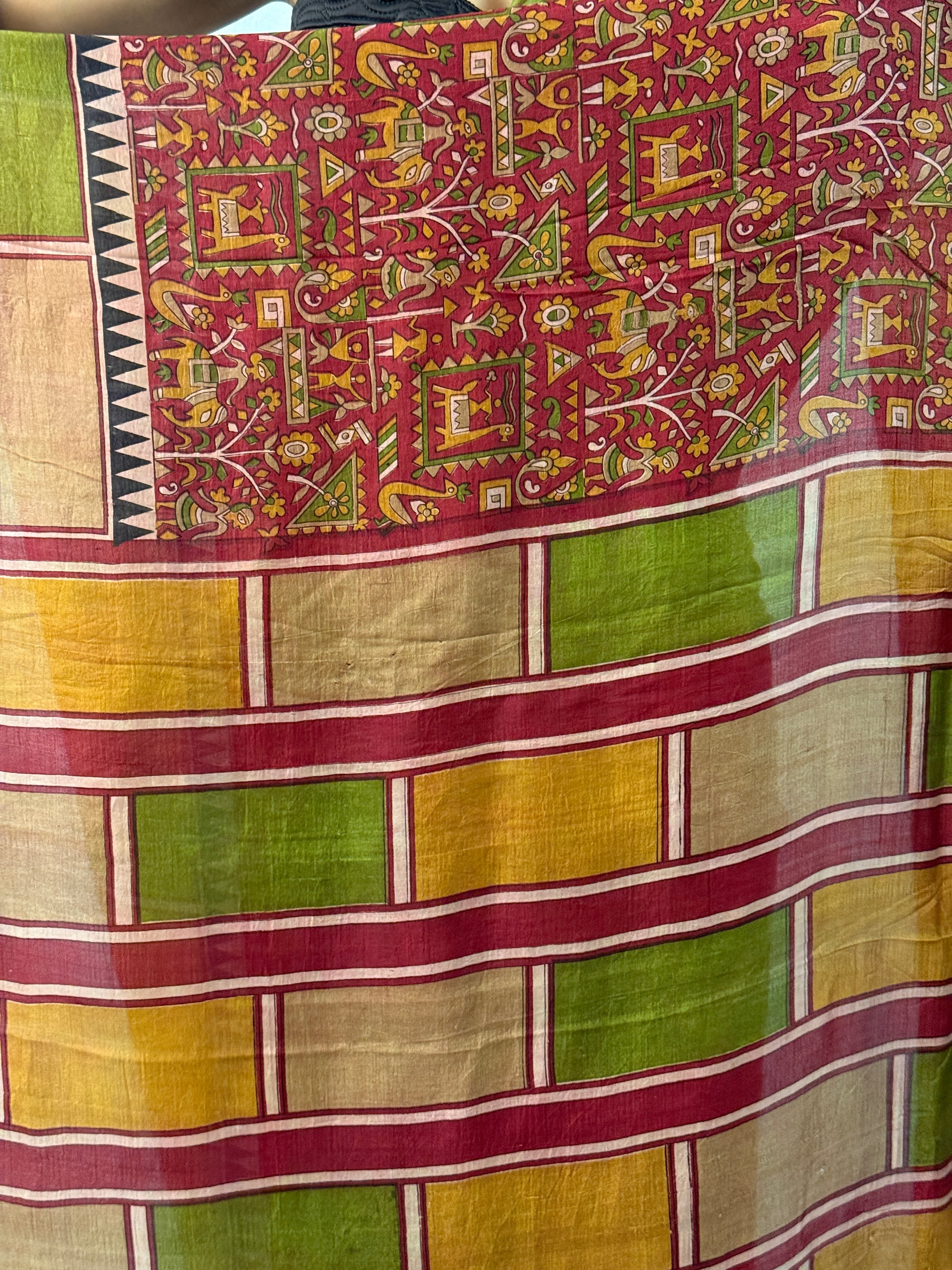 Maroon, Green and Yellow Printed Silk Sari