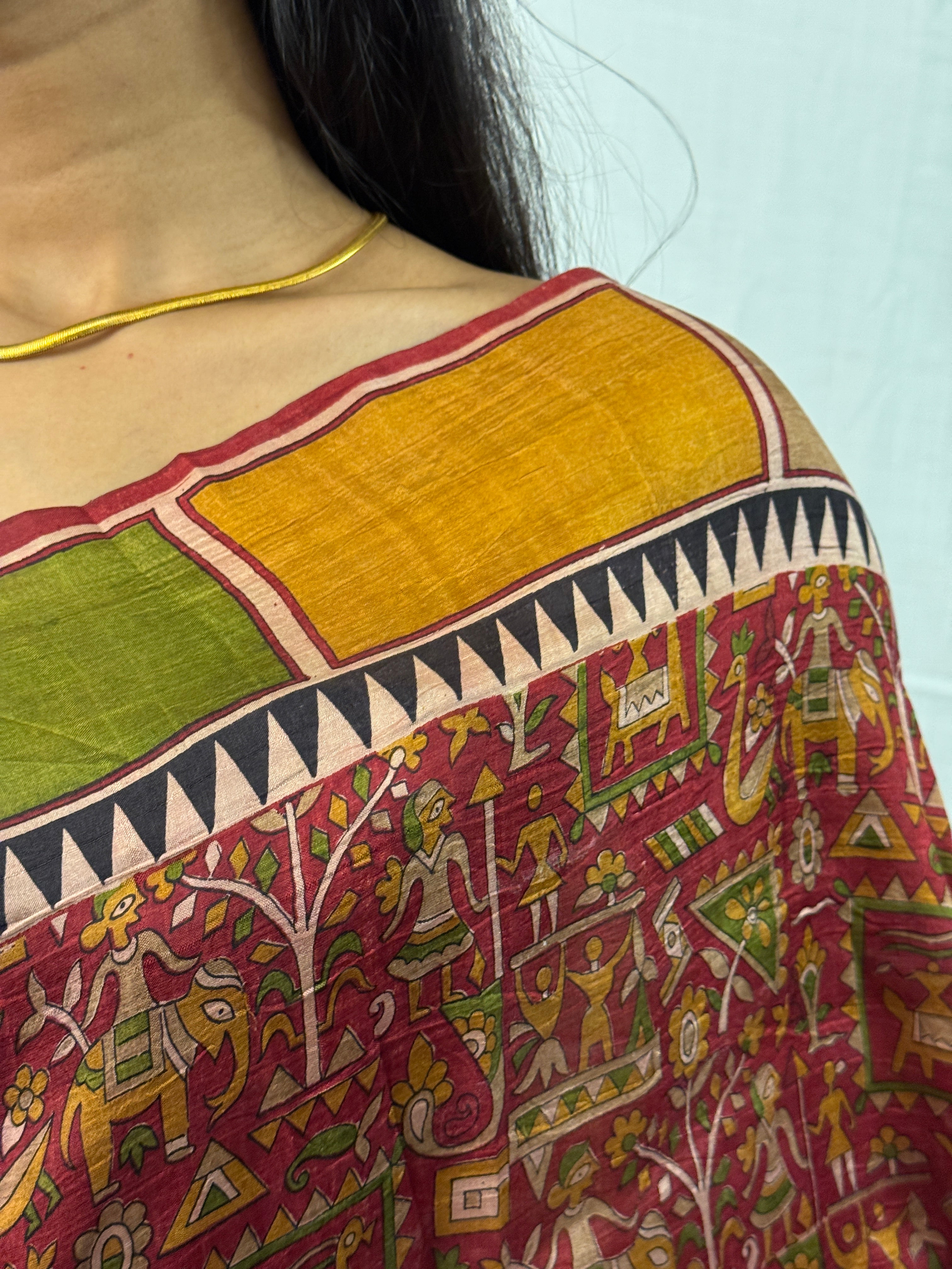 Maroon, Green and Yellow Printed Silk Sari