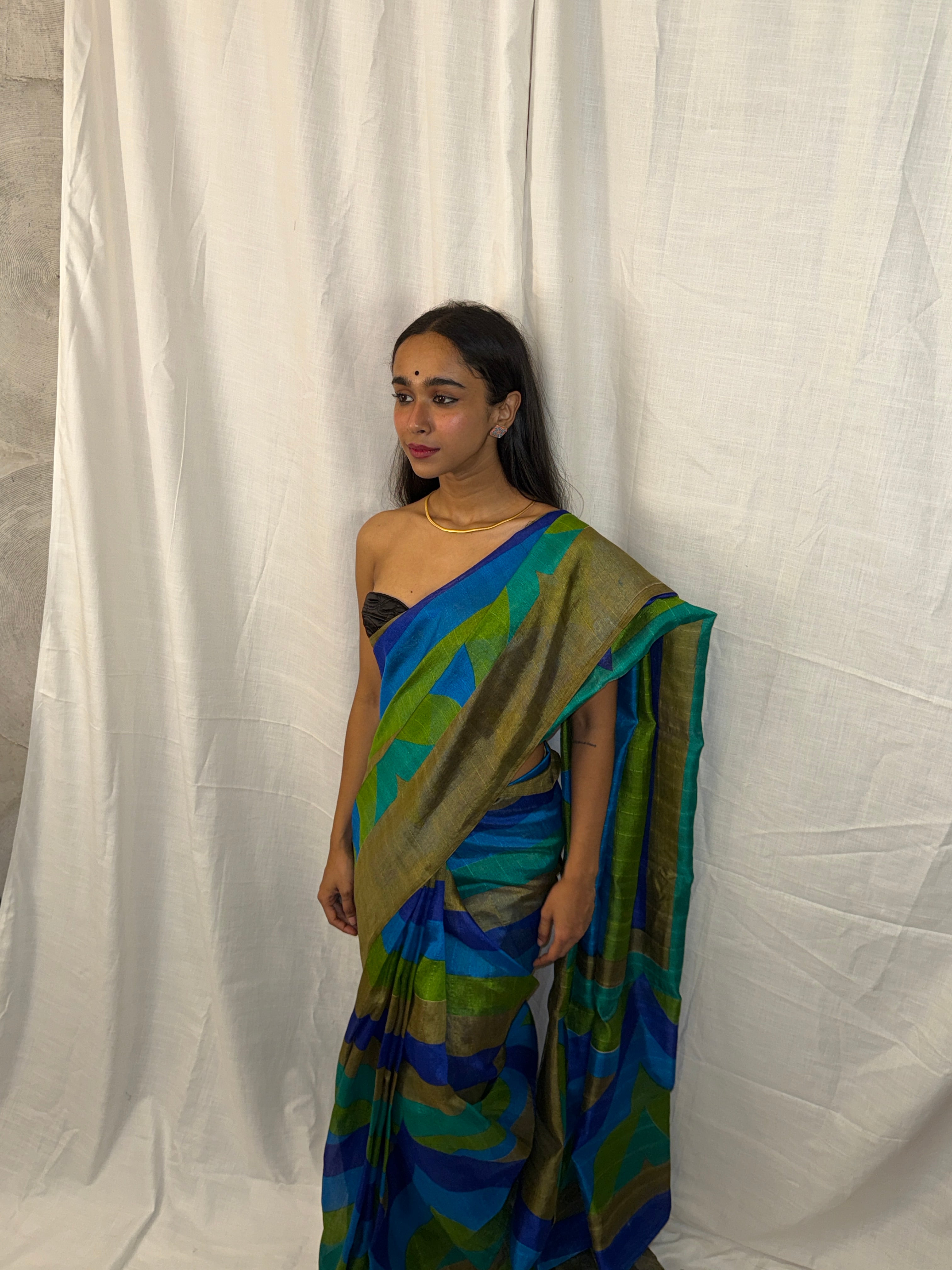 Blue, Beige and Green Striped Art Silk Sari