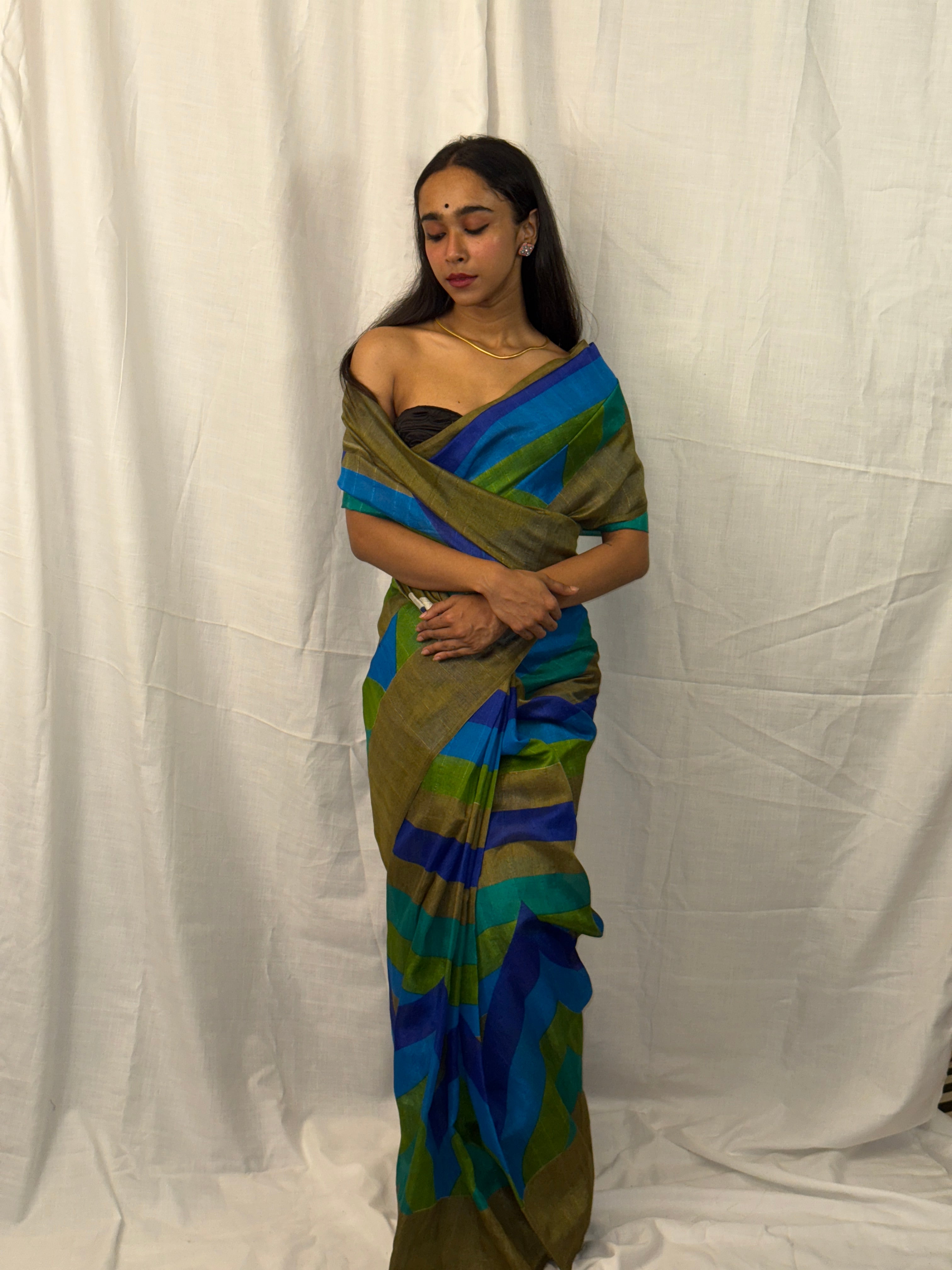 Blue, Beige and Green Striped Art Silk Sari