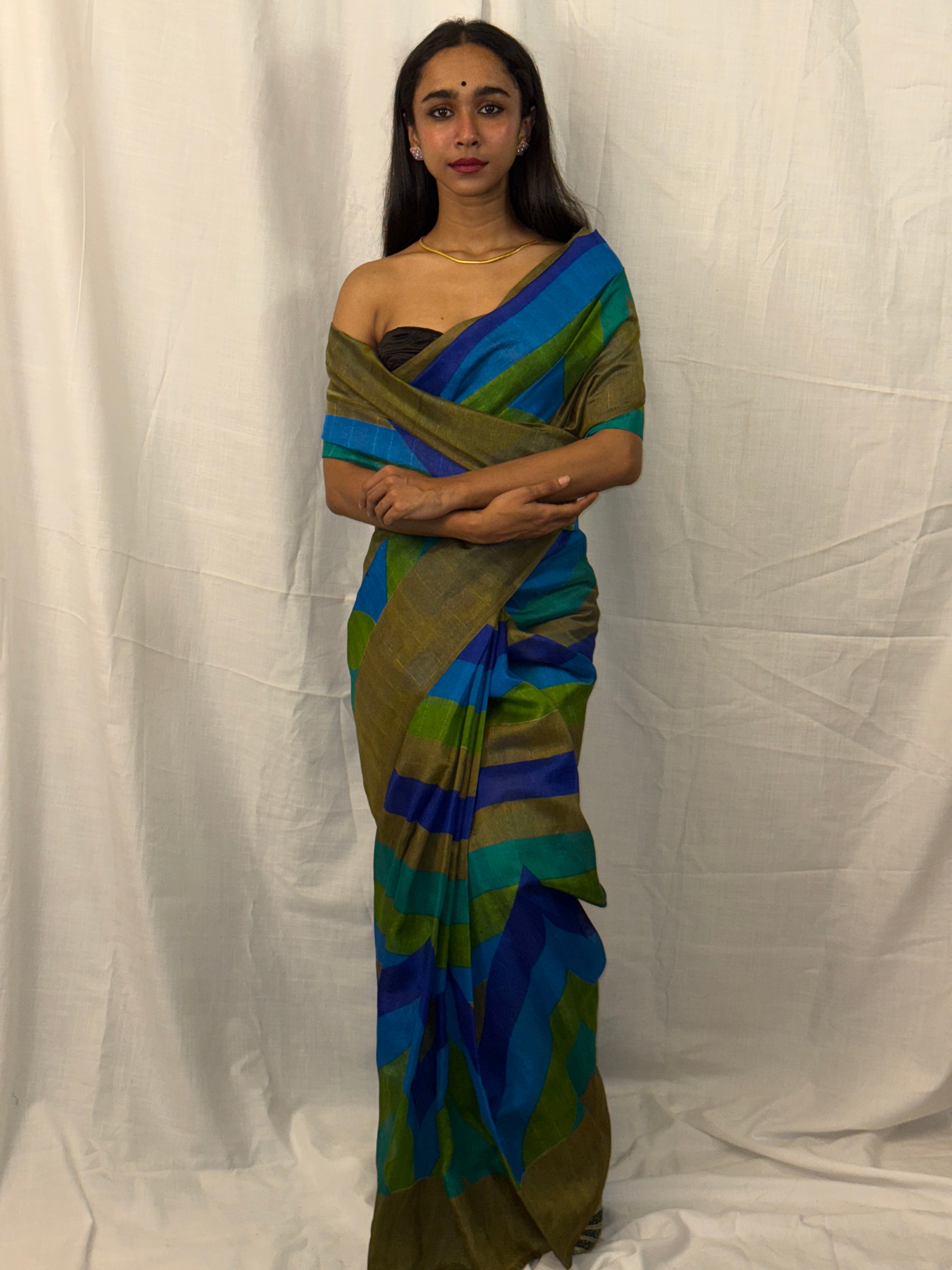 Blue, Beige and Green Striped Art Silk Sari