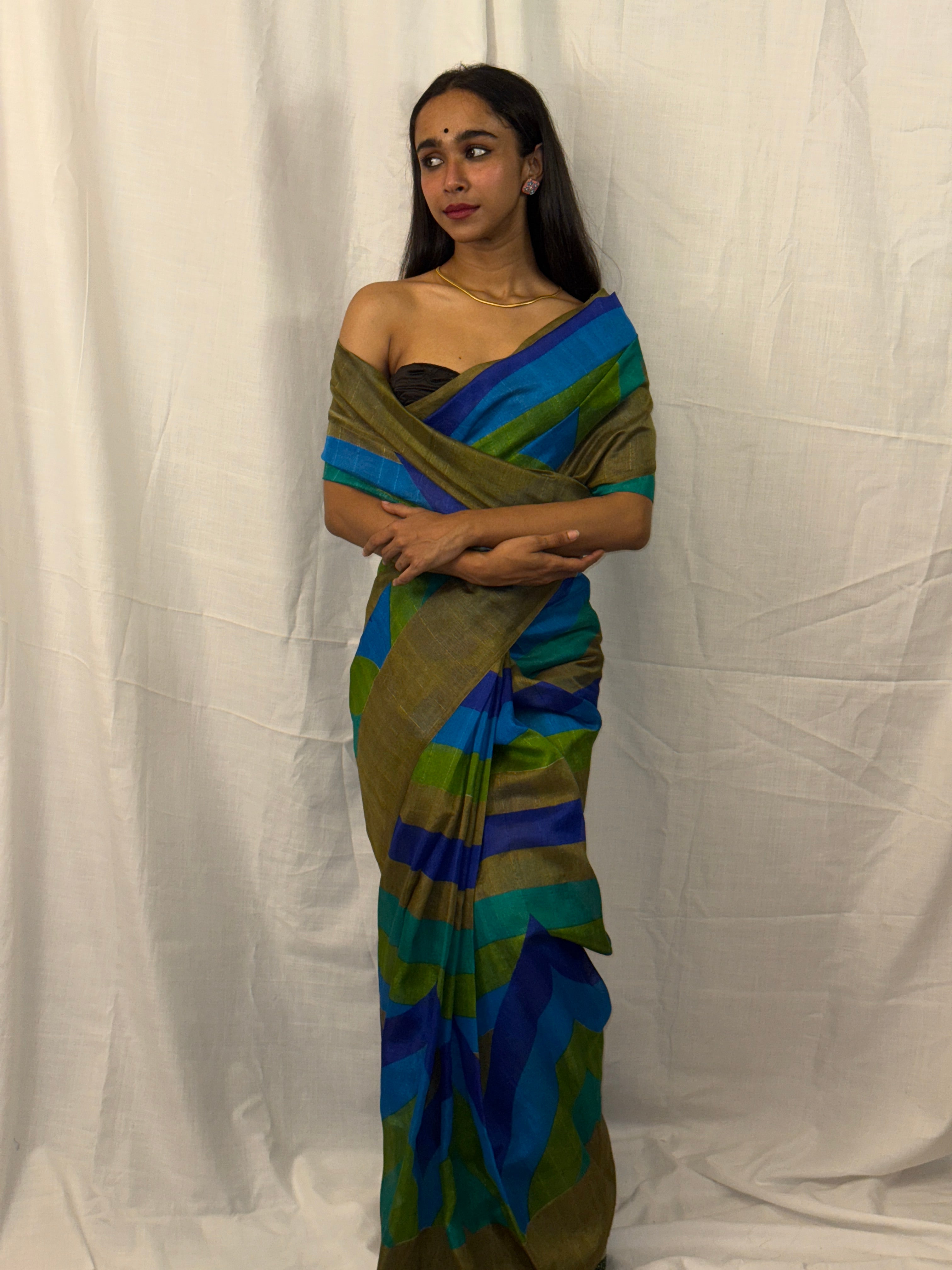 Blue, Beige and Green Striped Art Silk Sari