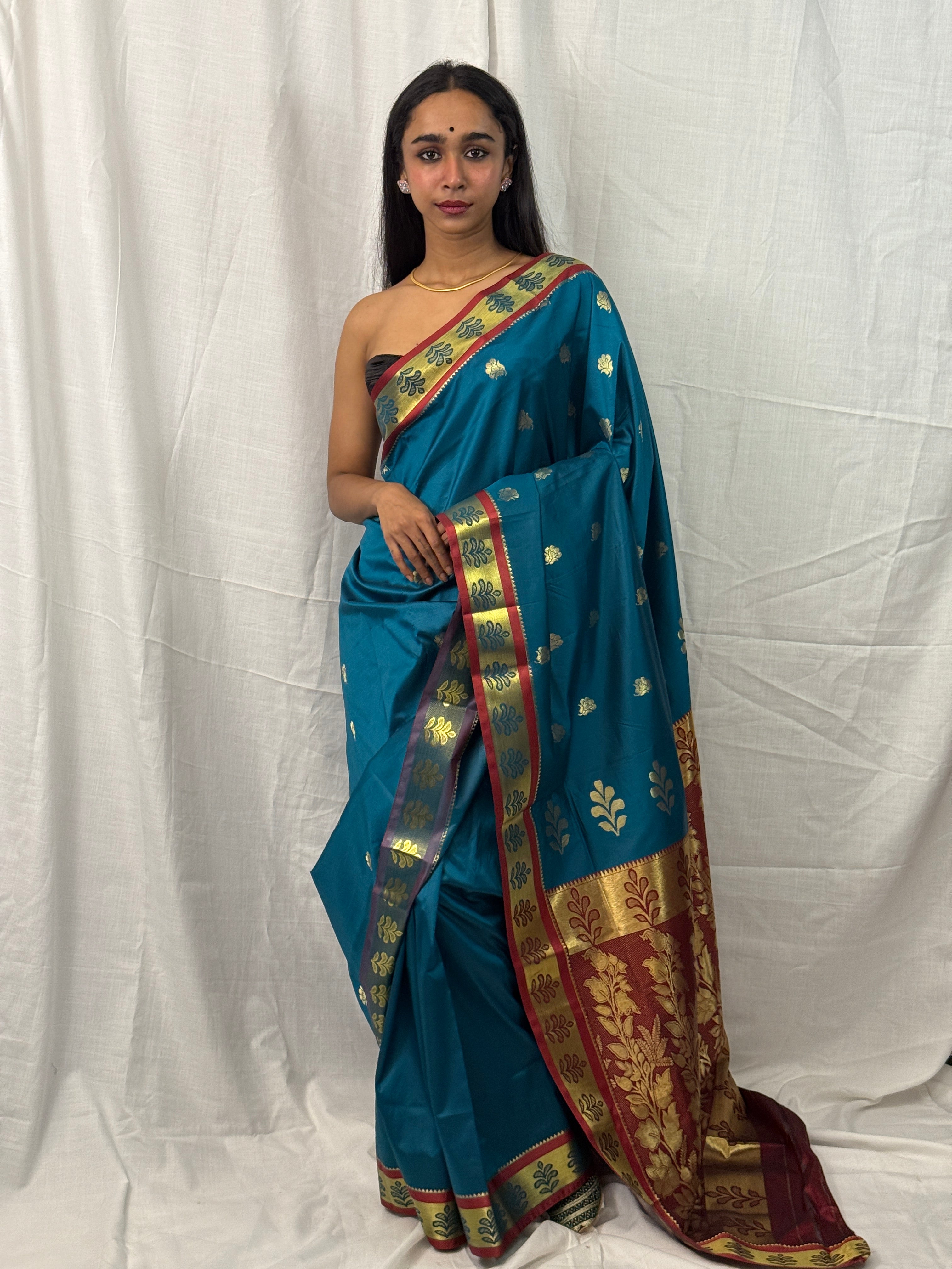 Blue and Maroon Silk Sari with Golden Border