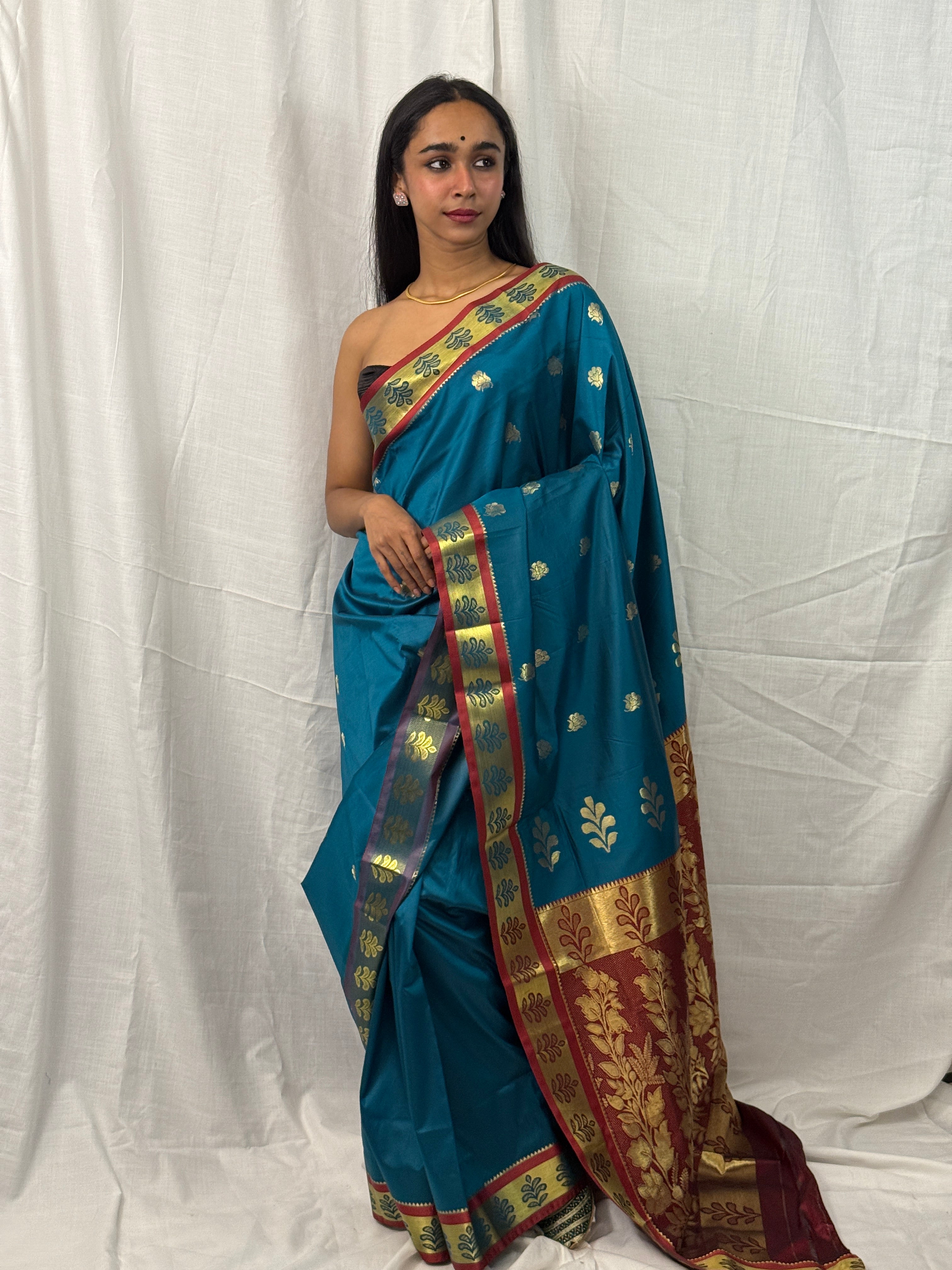 Blue and Maroon Silk Sari with Golden Border