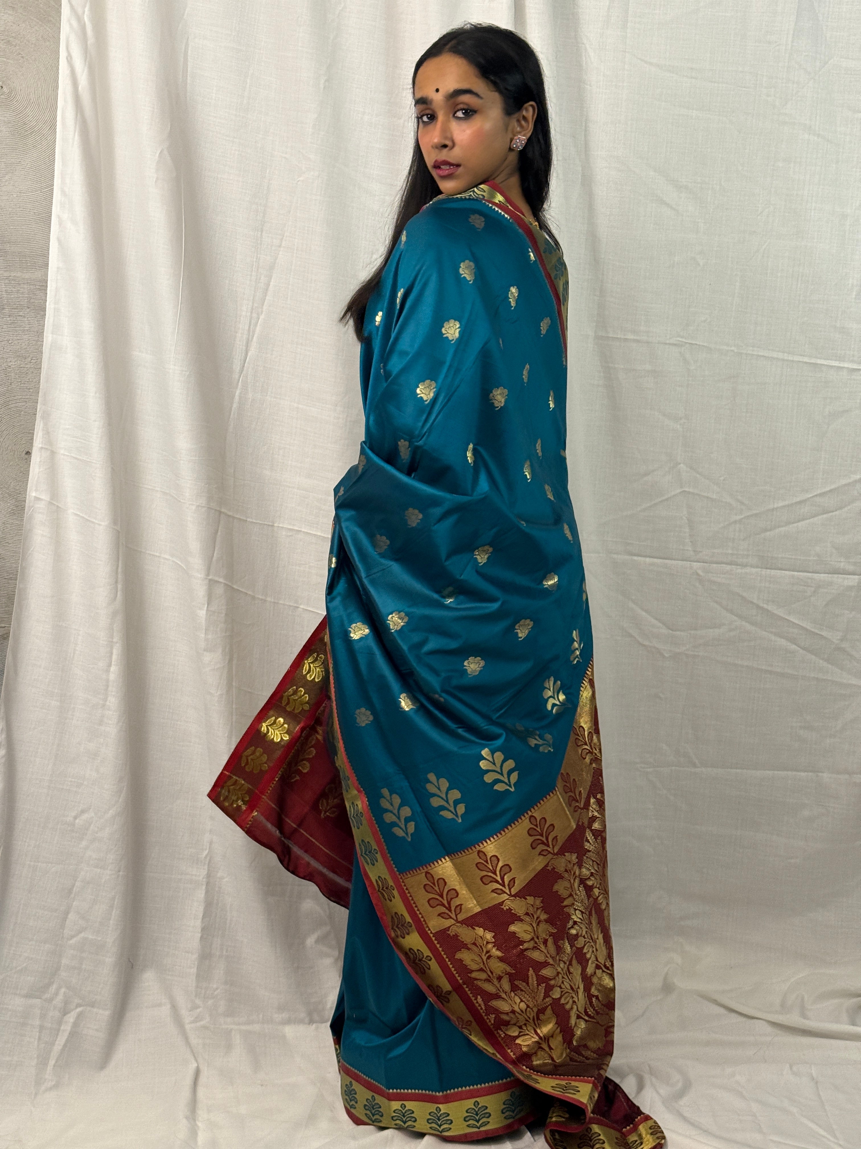 Blue and Maroon Silk Sari with Golden Border