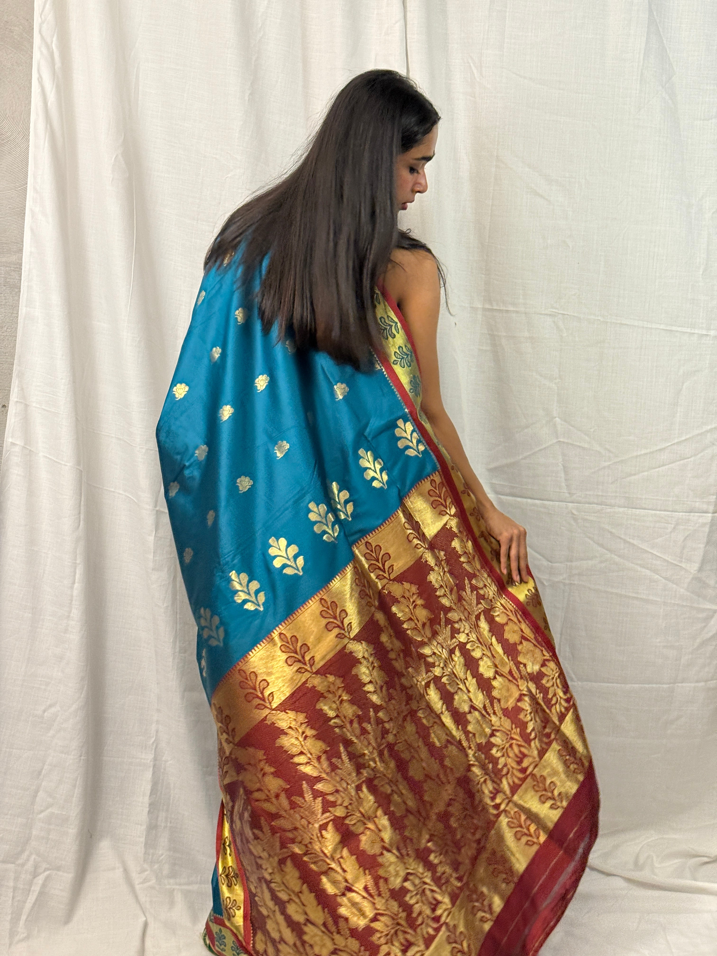 Blue and Maroon Silk Sari with Golden Border