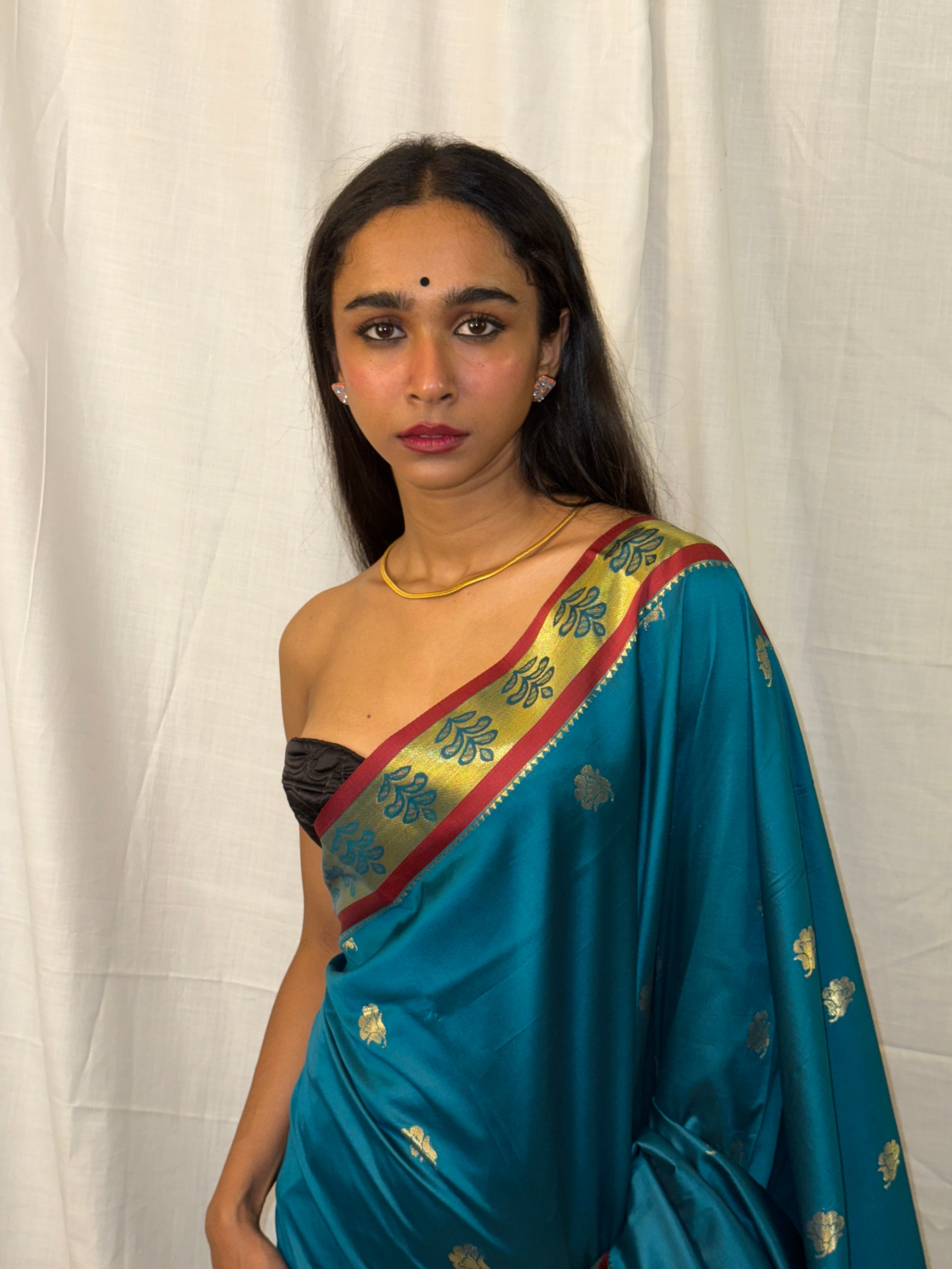 Blue and Maroon Silk Sari with Golden Border