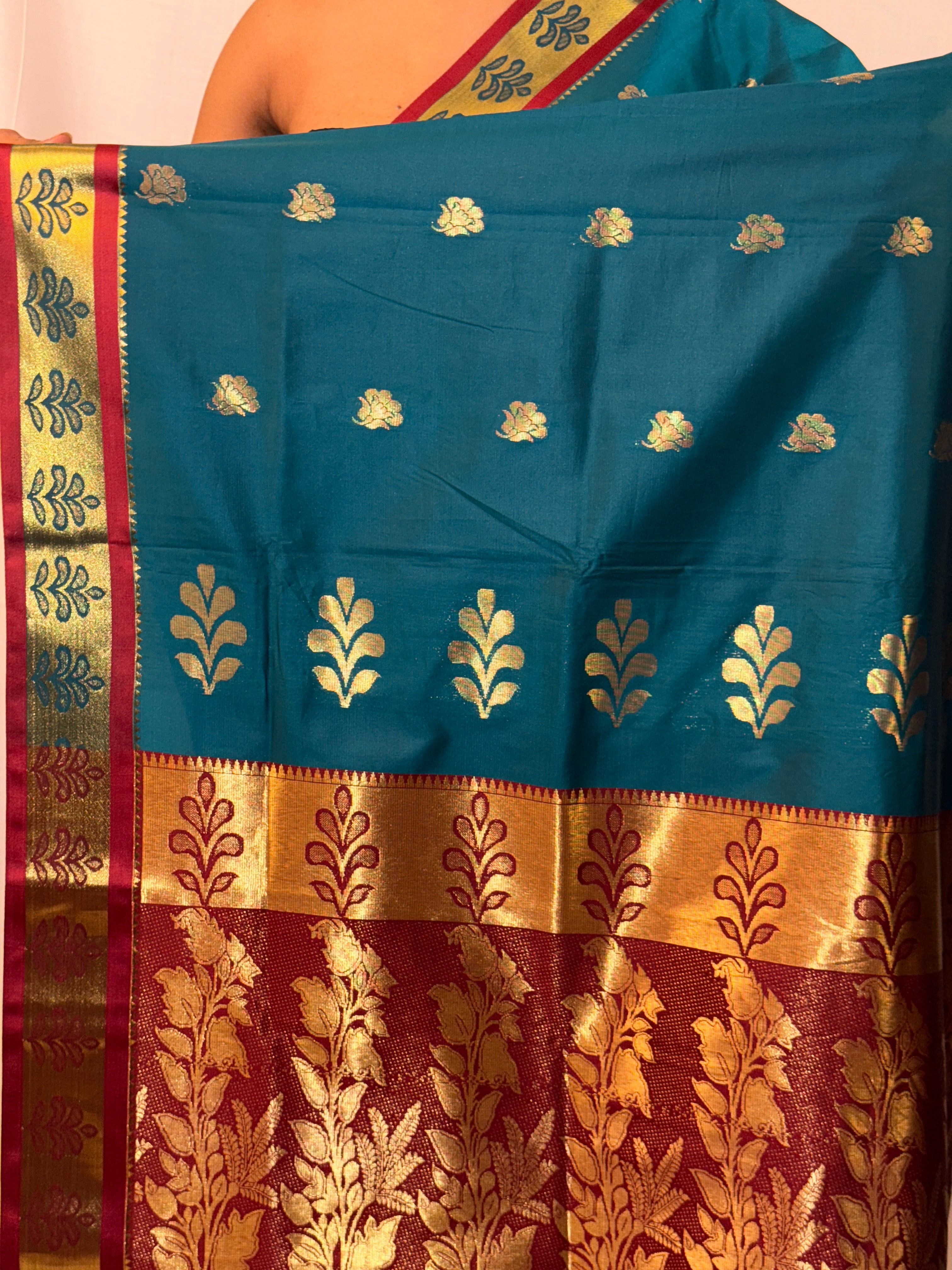 Blue and Maroon Silk Sari with Golden Border