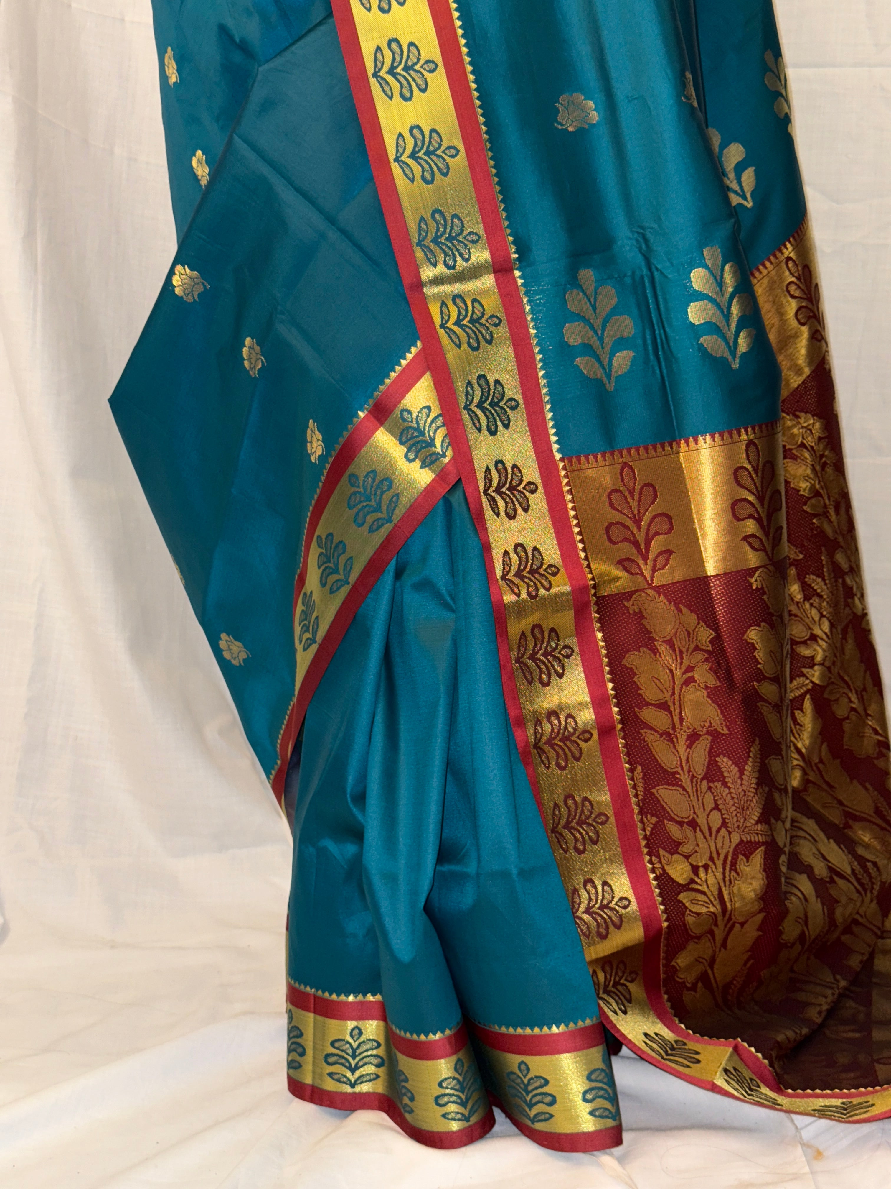 Blue and Maroon Silk Sari with Golden Border