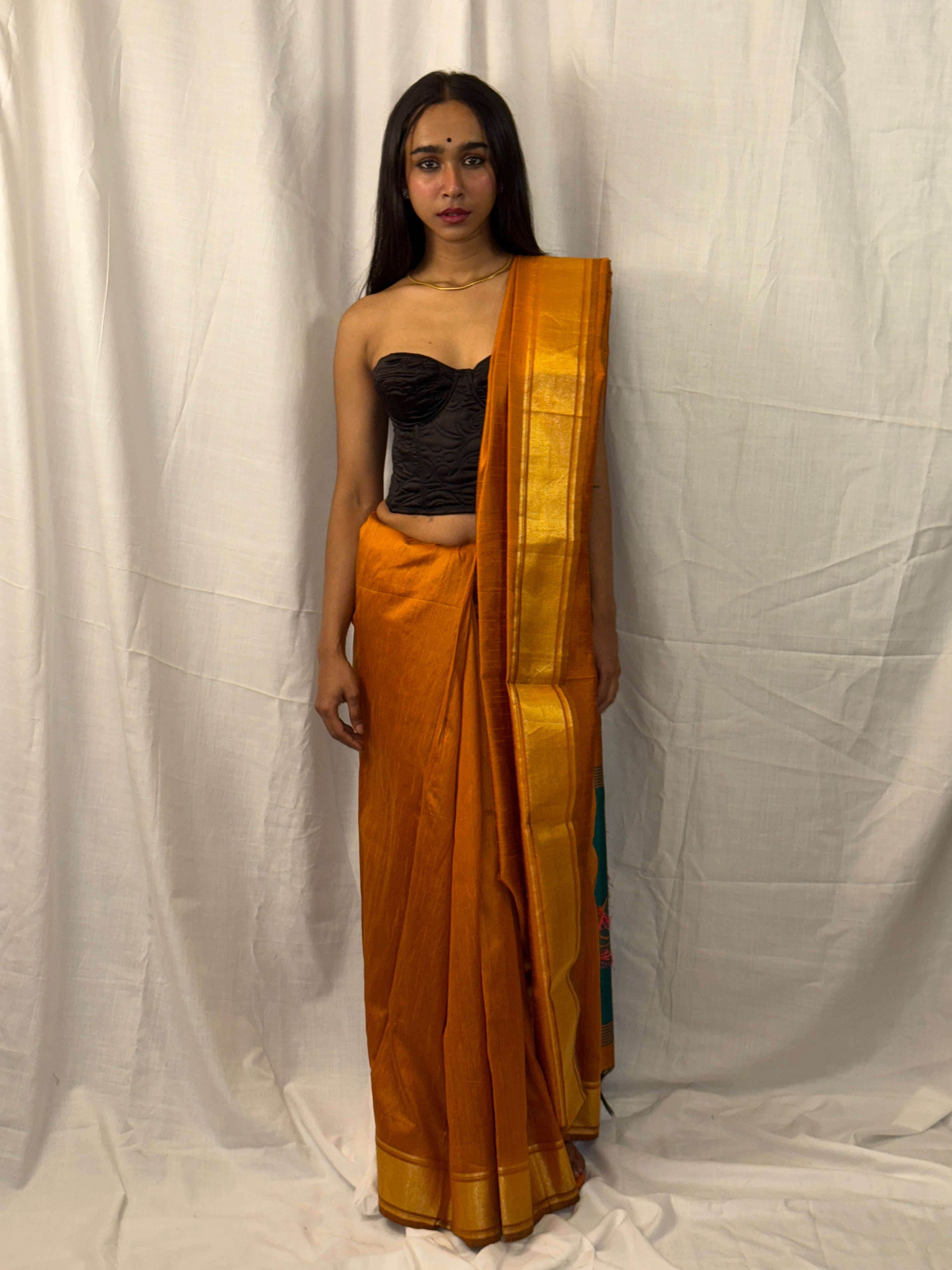 Mustard and Teal Art Silk Sari