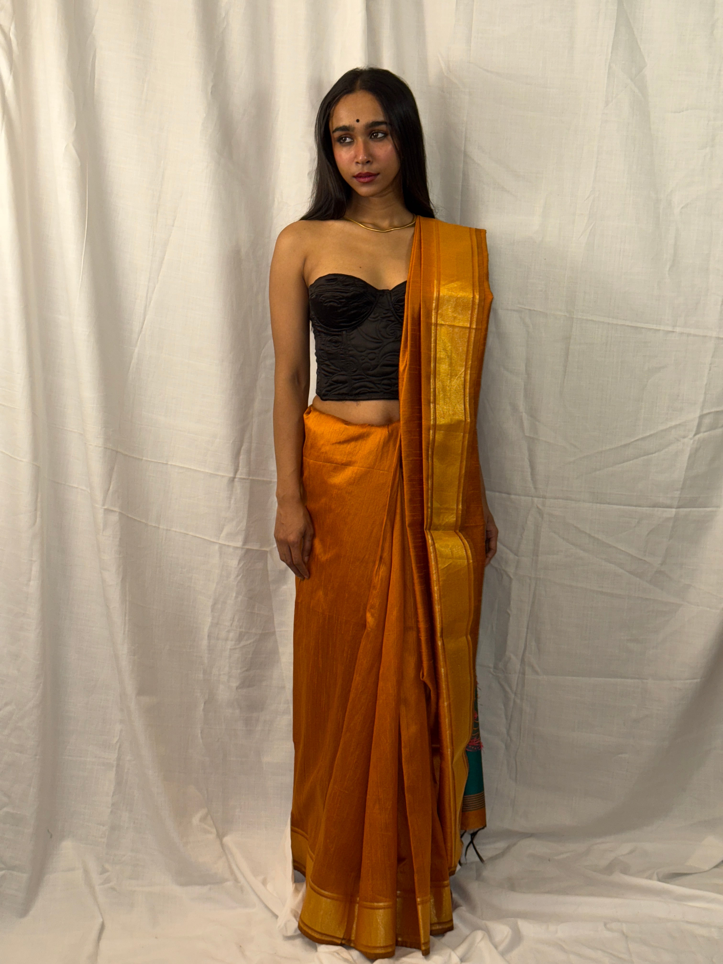 Mustard and Teal Art Silk Sari