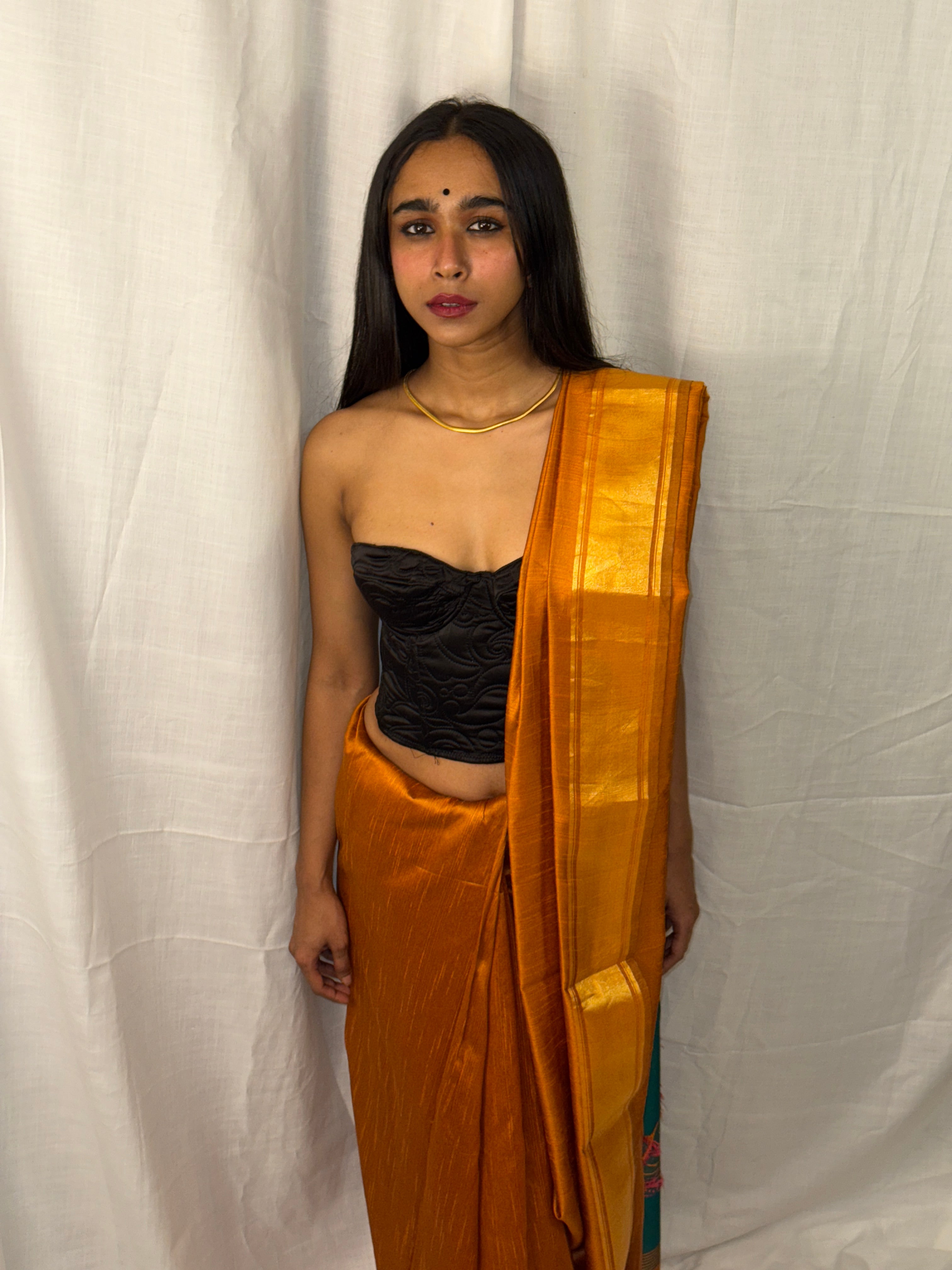 Mustard and Teal Art Silk Sari
