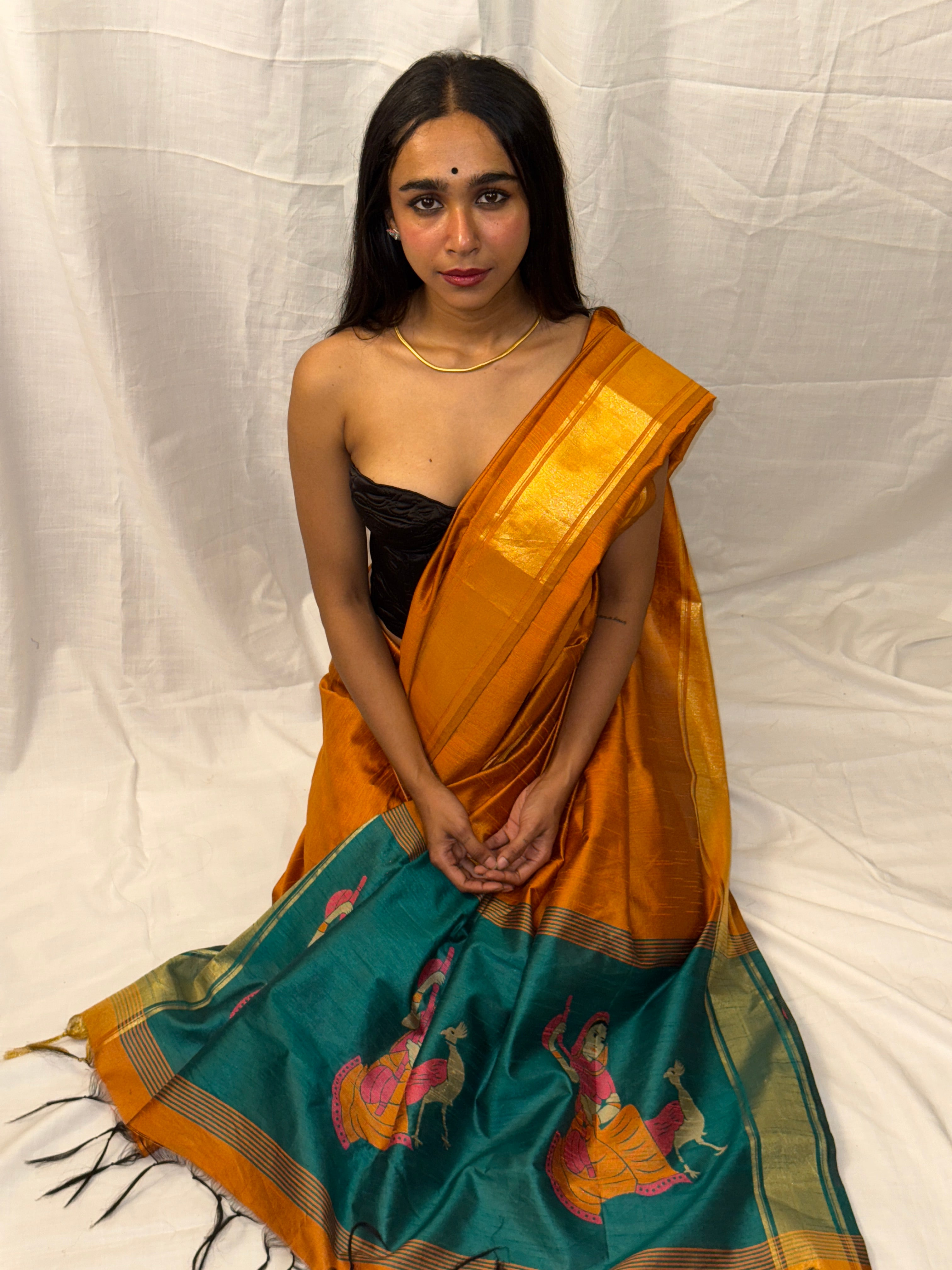 Mustard and Teal Art Silk Sari