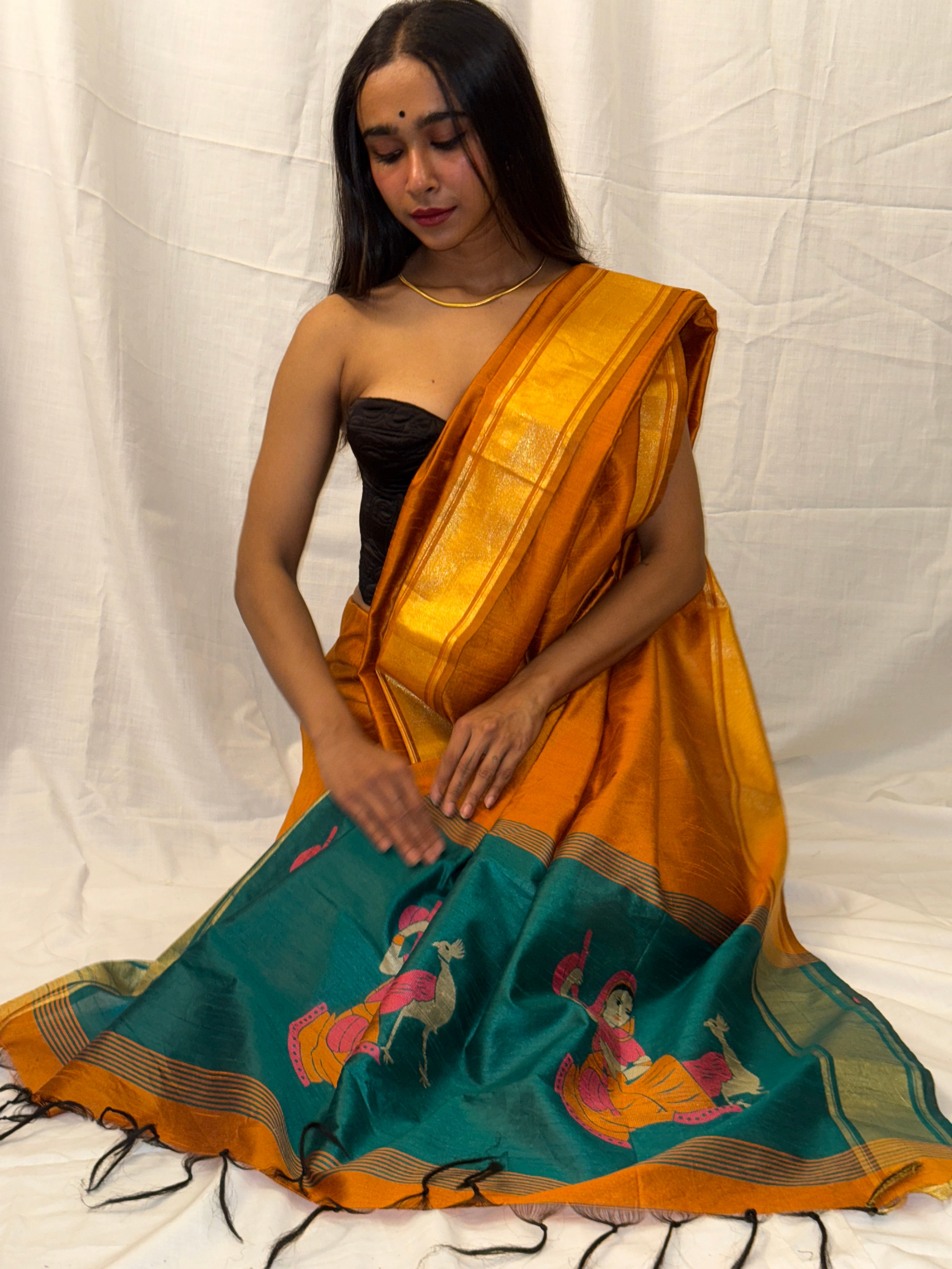 Mustard and Teal Art Silk Sari