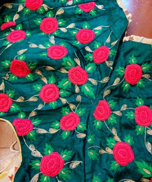Green Silk Blouse with Pink Embroidered Roses - Semi-Stitched