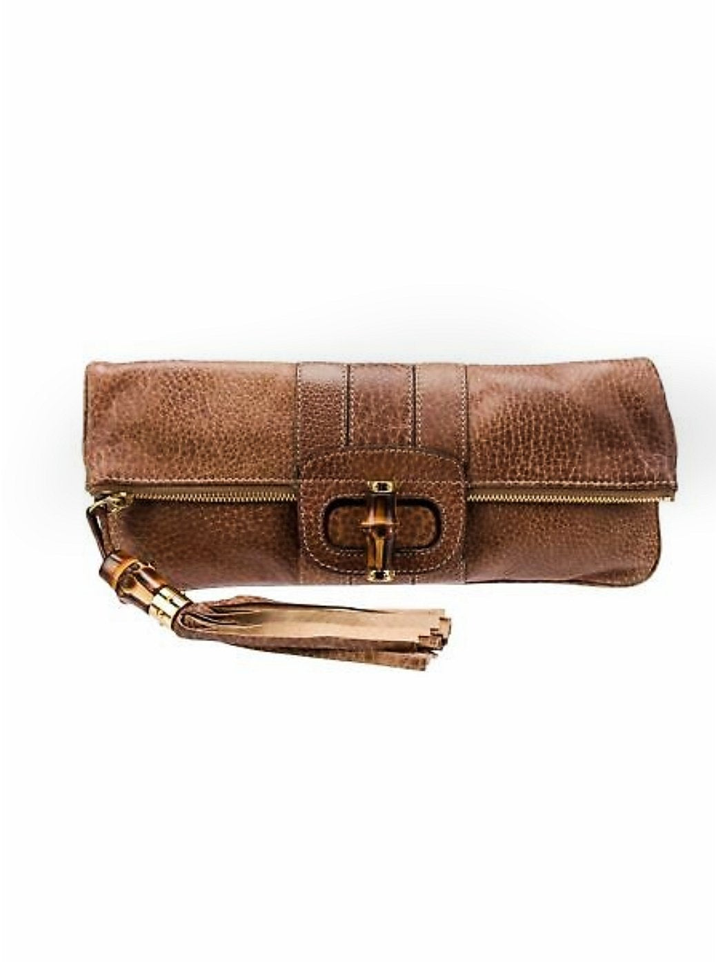 GUCCI- Lucy Brown Leather Bamboo Foldover Clutch Bag