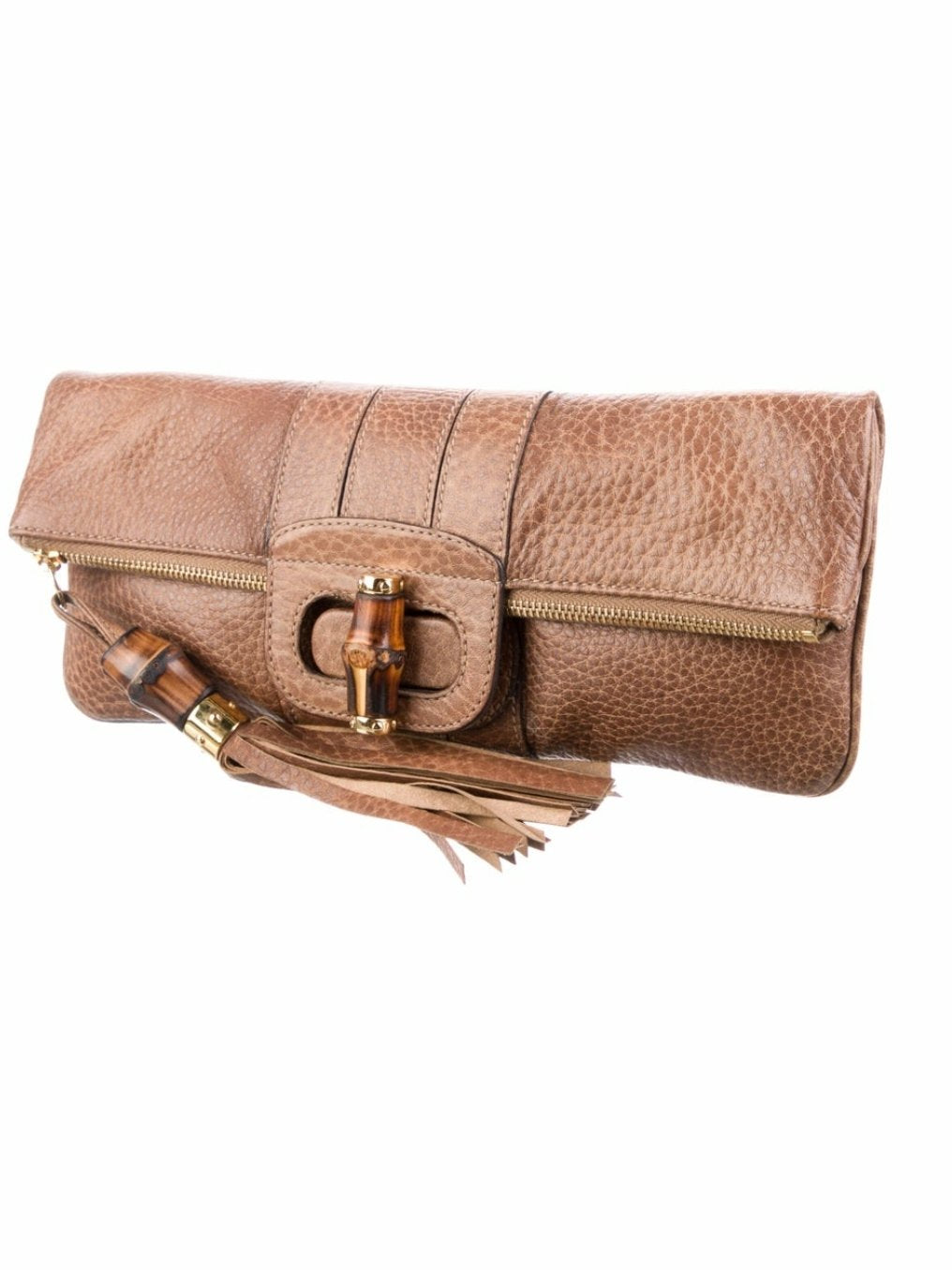 GUCCI- Lucy Brown Leather Bamboo Foldover Clutch Bag