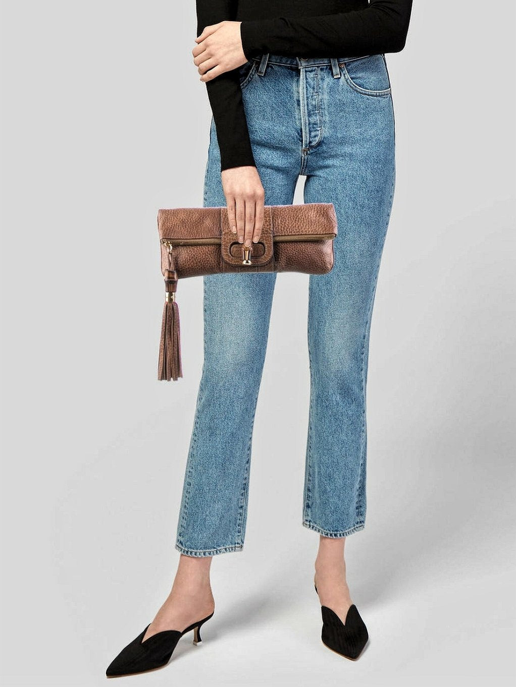 GUCCI- Lucy Brown Leather Bamboo Foldover Clutch Bag