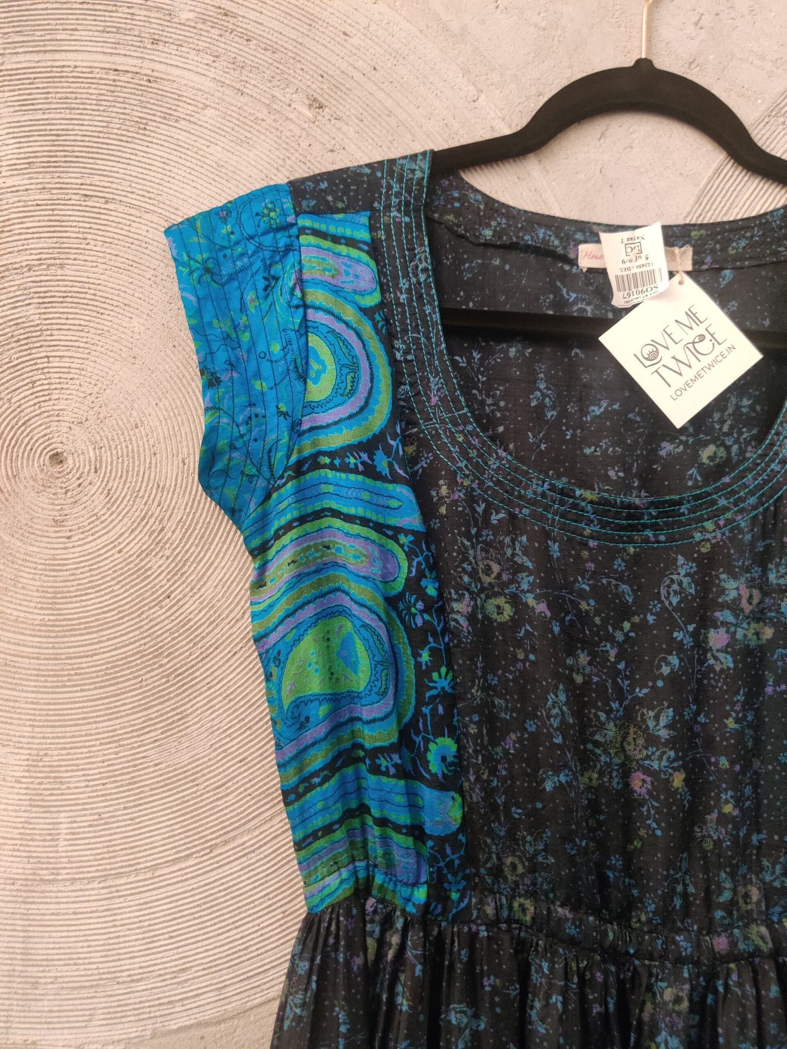 HOUSE OF WANDERING SILK- Blue and Black Silk Midi Dress