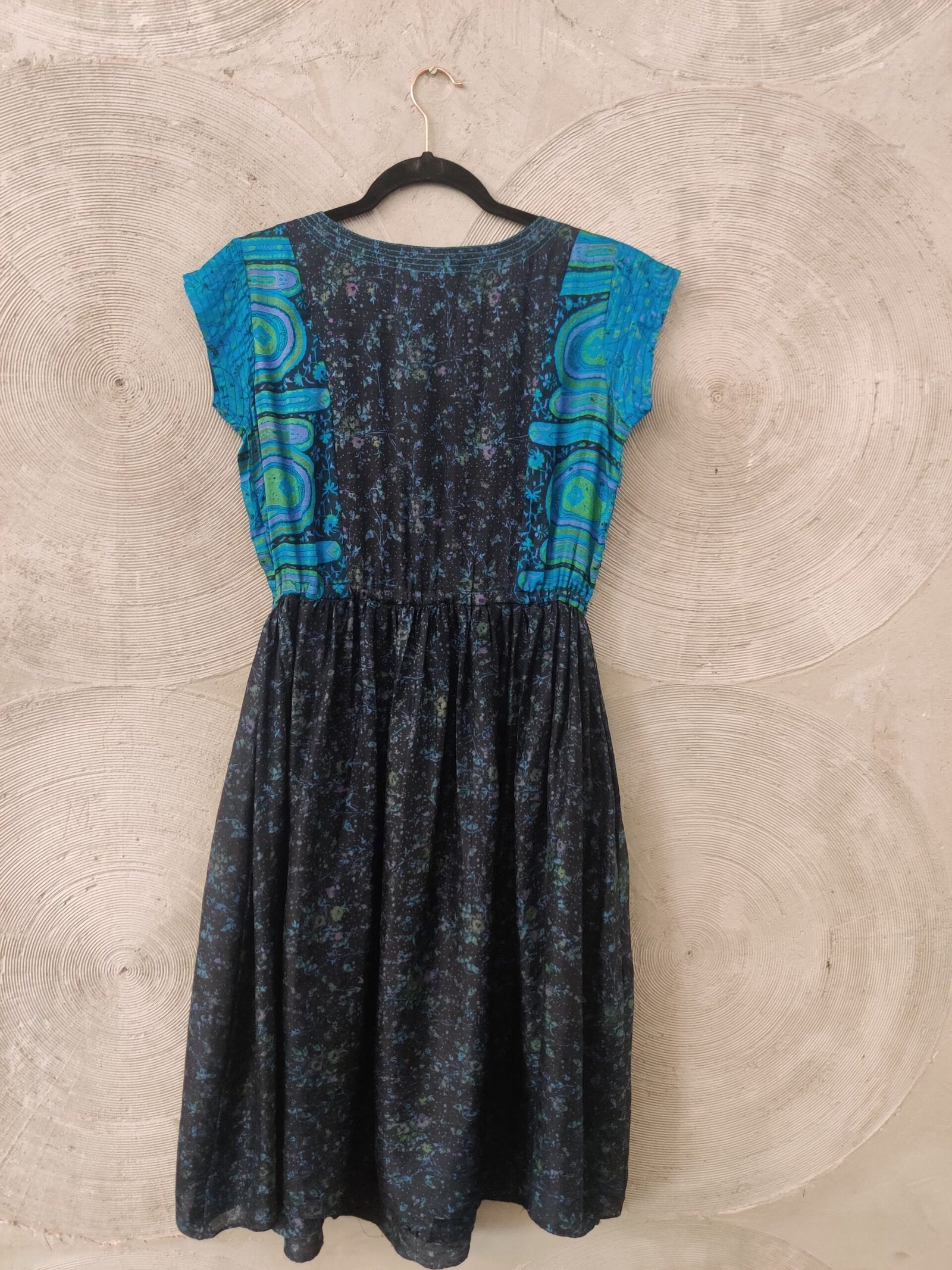 HOUSE OF WANDERING SILK- Blue and Black Silk Midi Dress