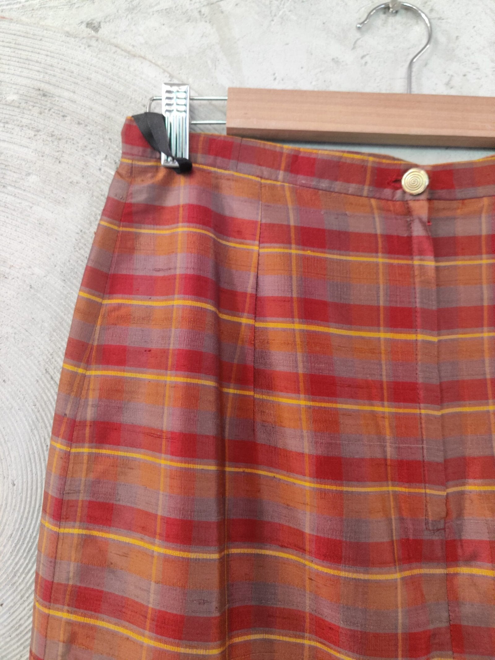 Brown, Grey and Maroon Checked Silk Skirt
