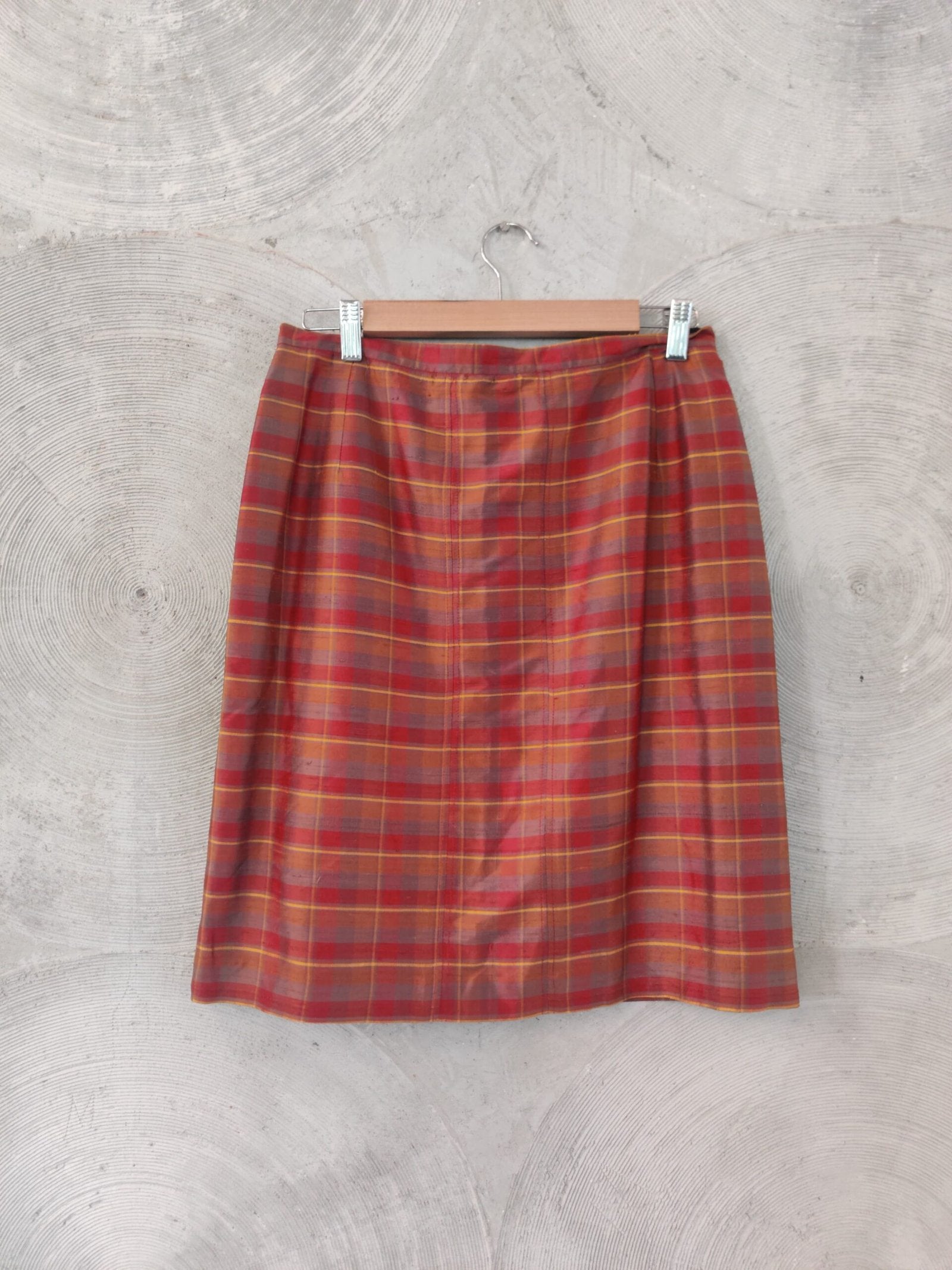 Brown, Grey and Maroon Checked Silk Skirt