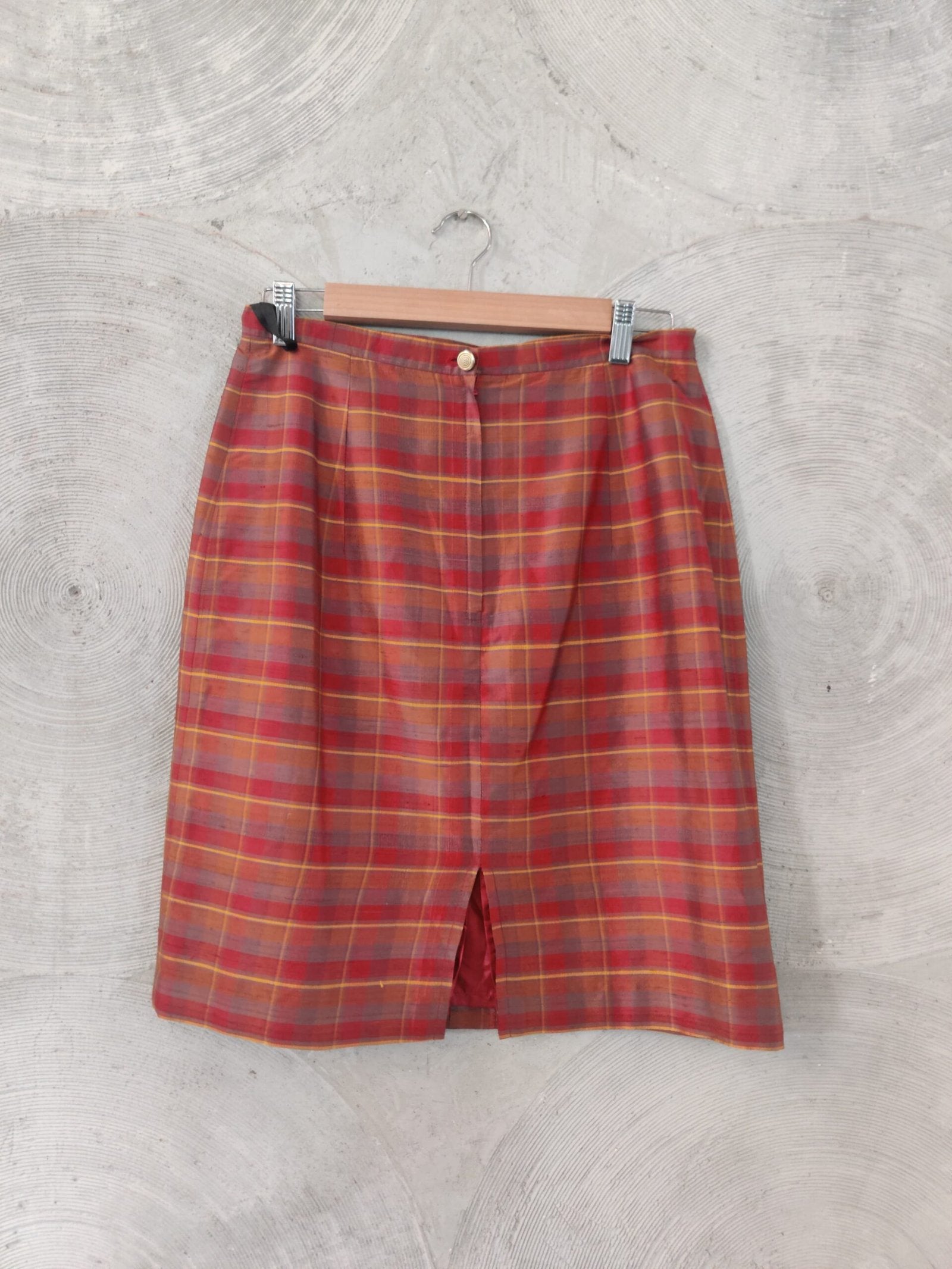 Brown, Grey and Maroon Checked Silk Skirt