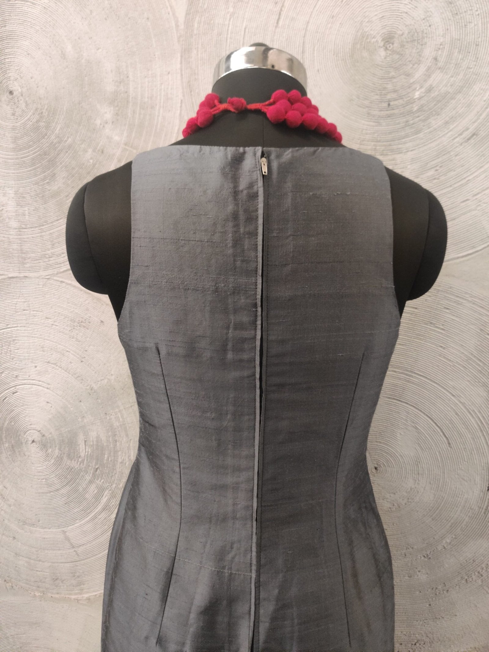 Dark Grey Raw Silk Sleeveless Dress