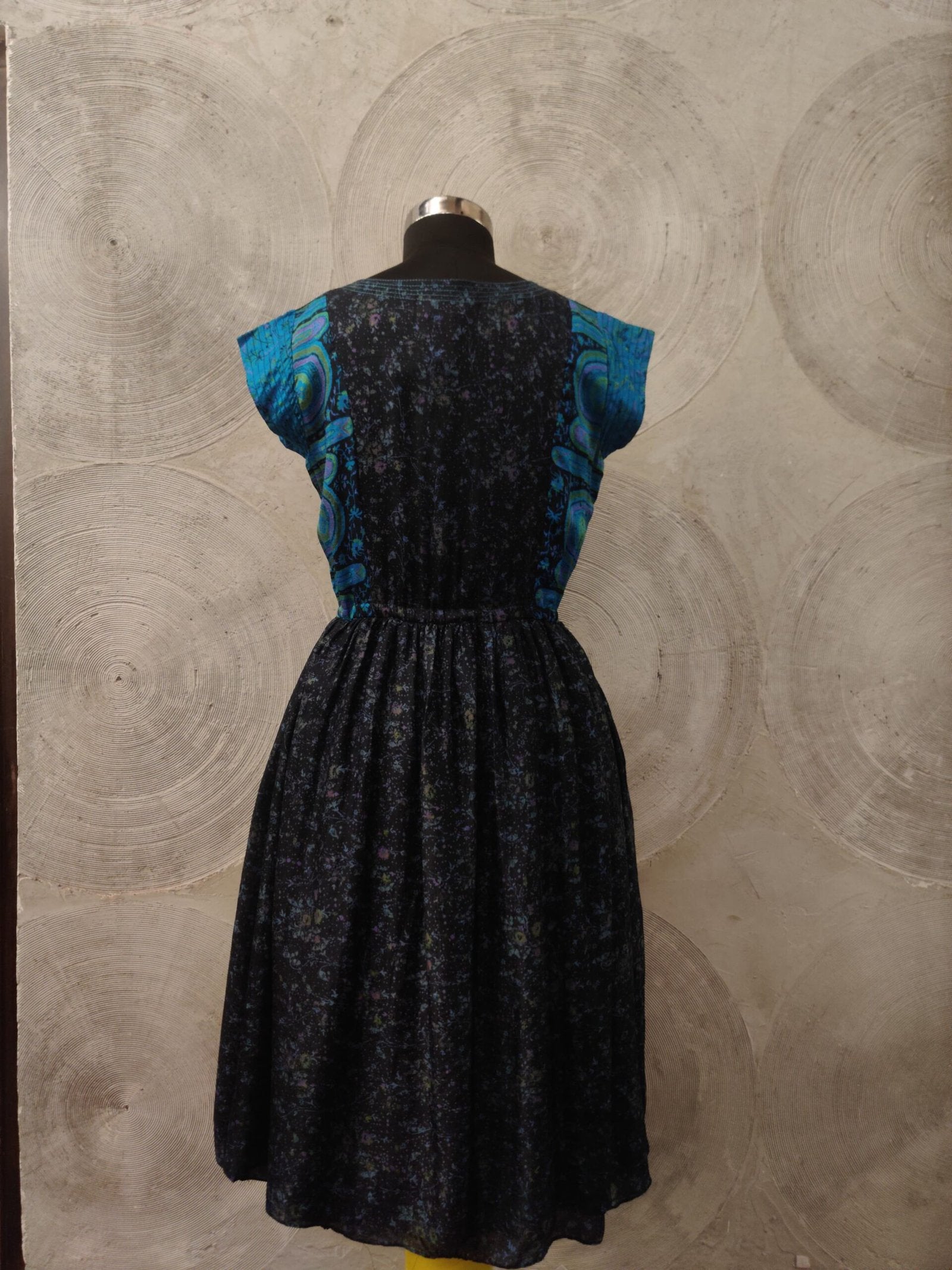 HOUSE OF WANDERING SILK- Blue and Black Silk Midi Dress
