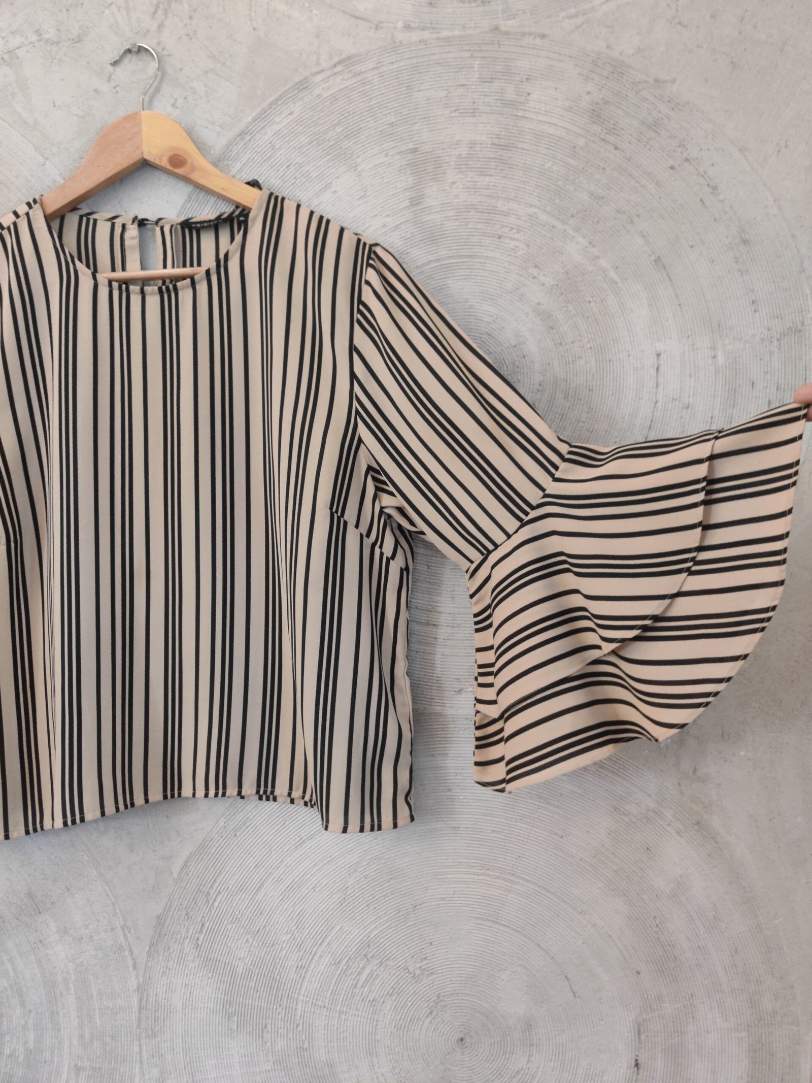 WARDROBE - Beige and Black Striped Bell Sleeves Top