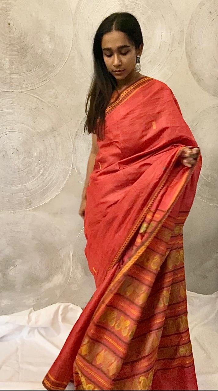 Coral Tussar Silk Sari with Green and Yellow Woven Border