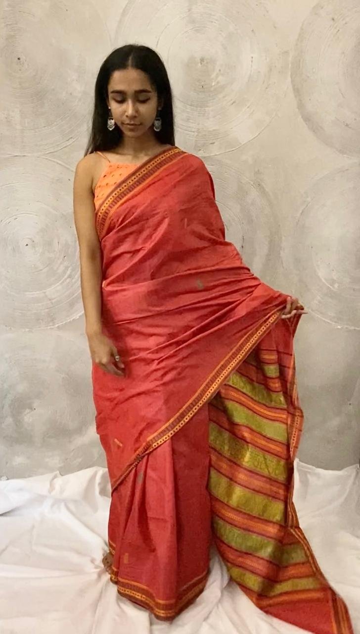 Coral Tussar Silk Sari with Green and Yellow Woven Border