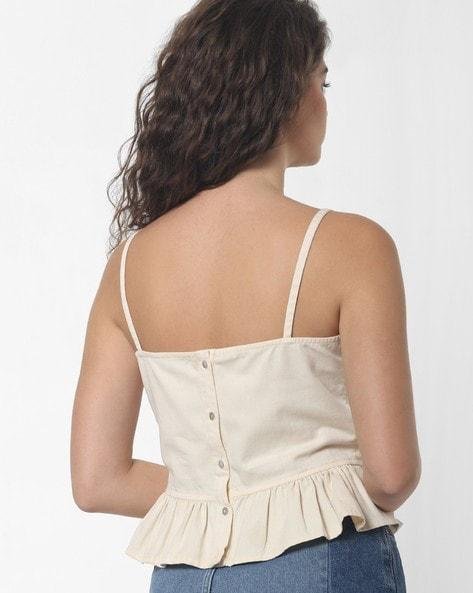 ONLY-Cream Coloured Solid Peplum Pure Cotton Top