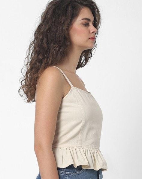 ONLY-Cream Coloured Solid Peplum Pure Cotton Top
