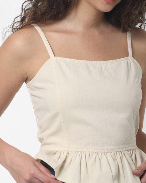 ONLY-Cream Coloured Solid Peplum Pure Cotton Top