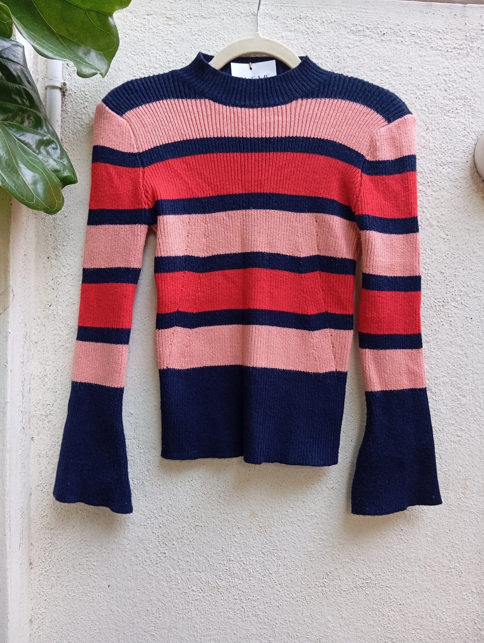 Red Pink and Navy Blue Striped Jumper with Bell Sleeves