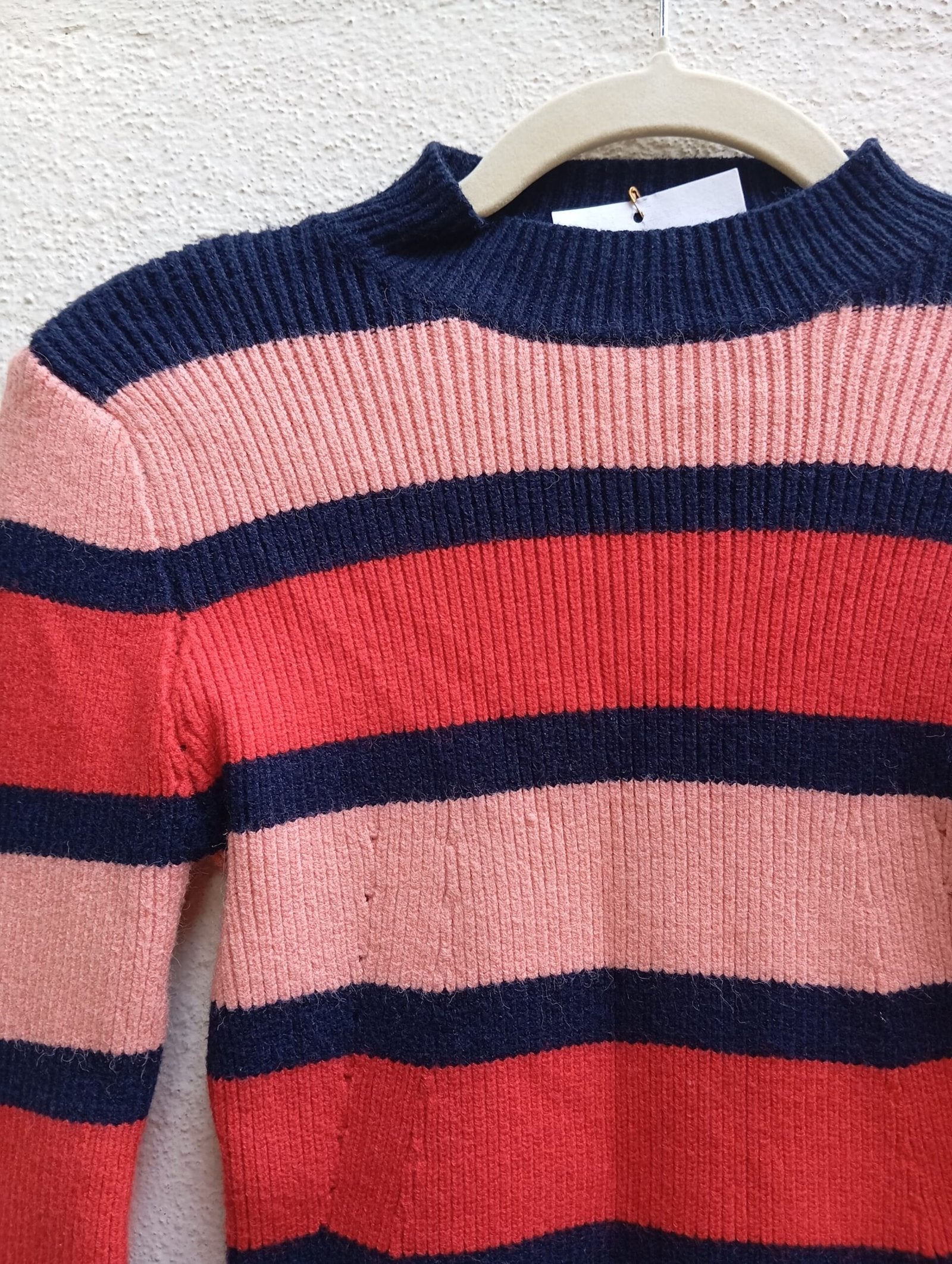Red Pink and Navy Blue Striped Jumper with Bell Sleeves