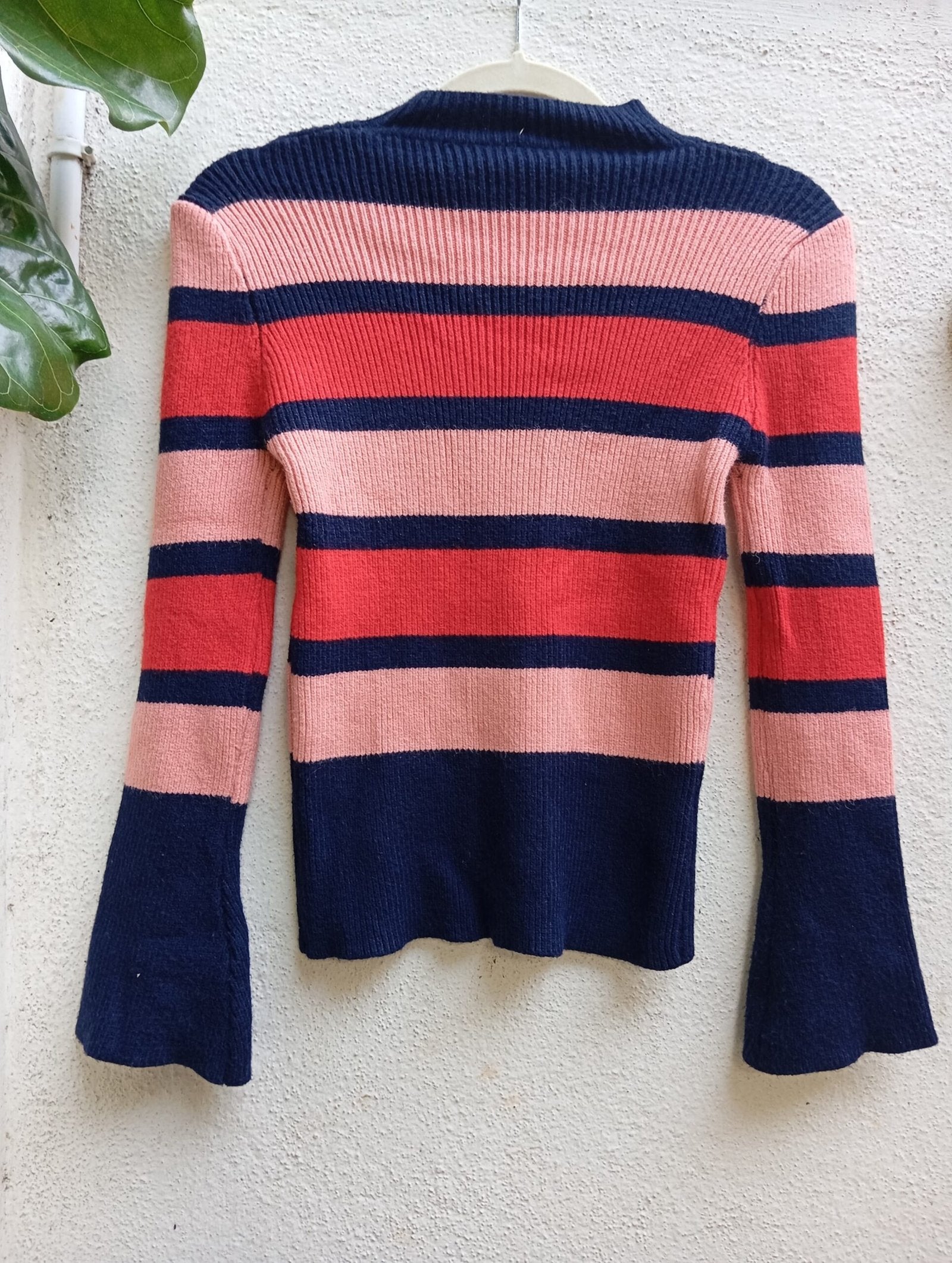 Red Pink and Navy Blue Striped Jumper with Bell Sleeves